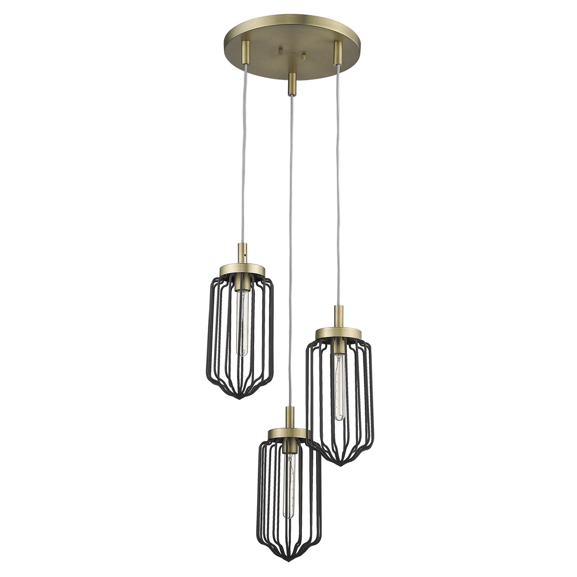 Shown in Aged Brass finish and Black glass and Black, Cylindrical Metal Cage s shade