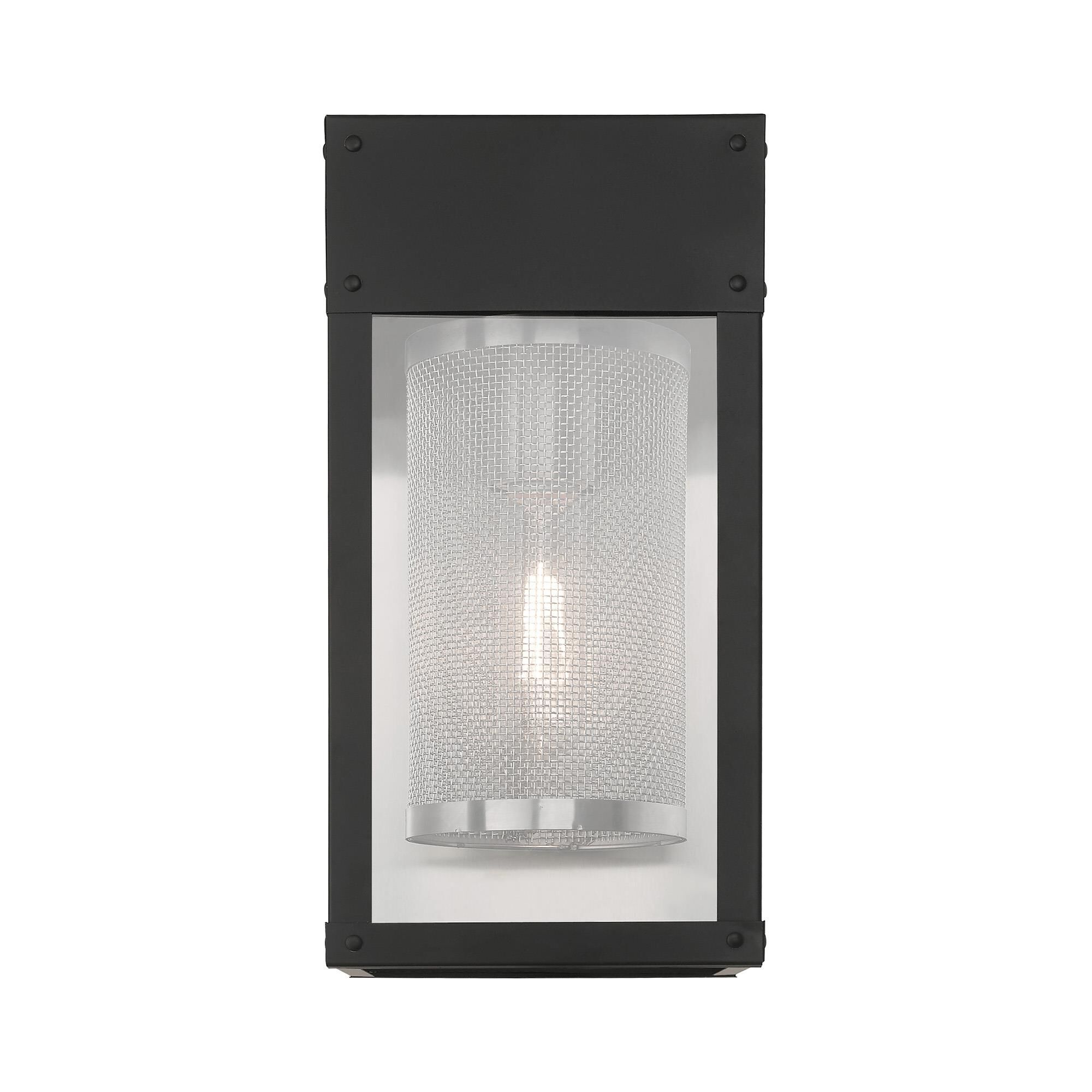 Shown in Black finish and Clear Outside and Stainless Steel Mesh Cylinder Inside glass