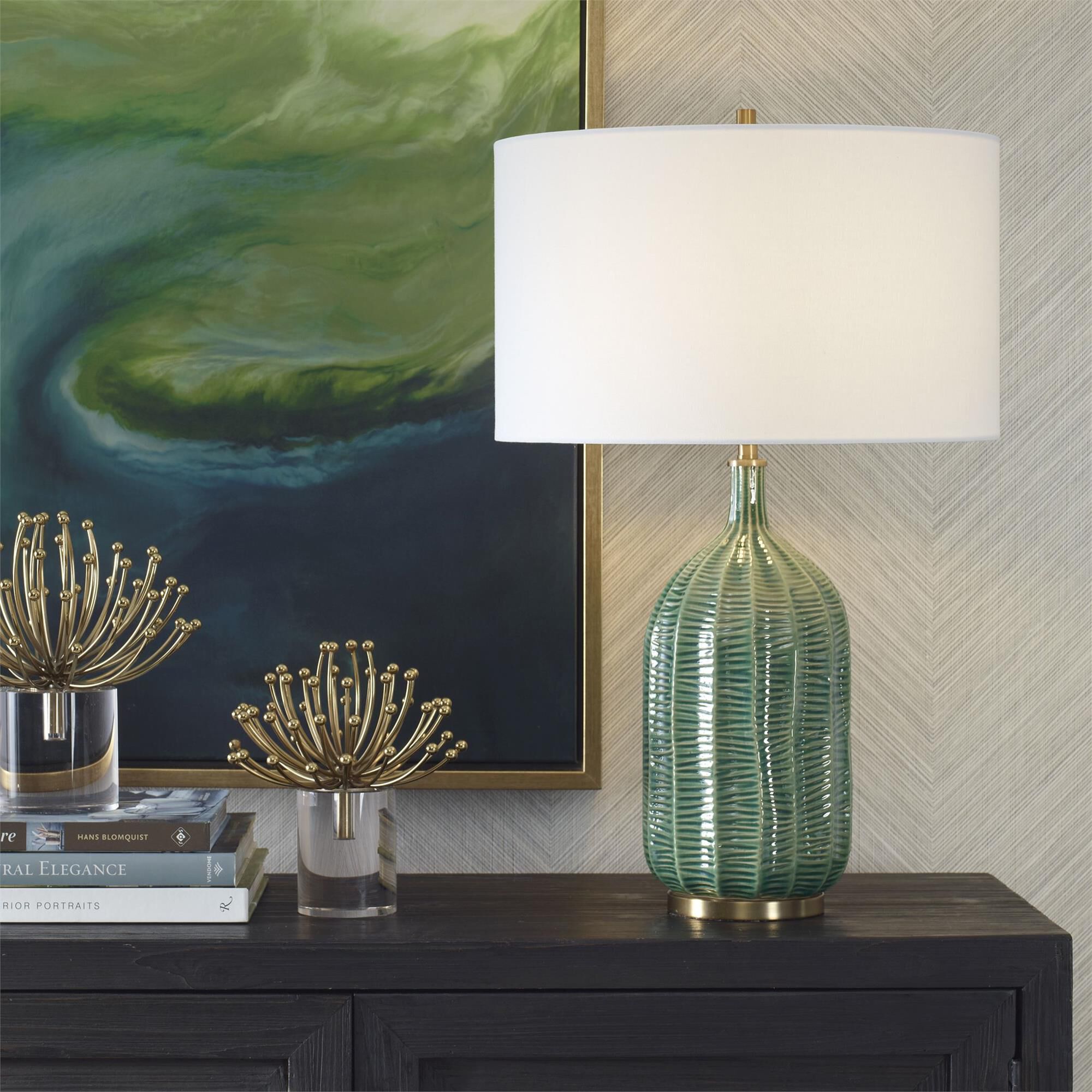 Shown in Crafted With A Ceramic Base Featuring Scalloped Channels And An Organic Striped Texture, All Bathed  finish and Drum With Liner shade