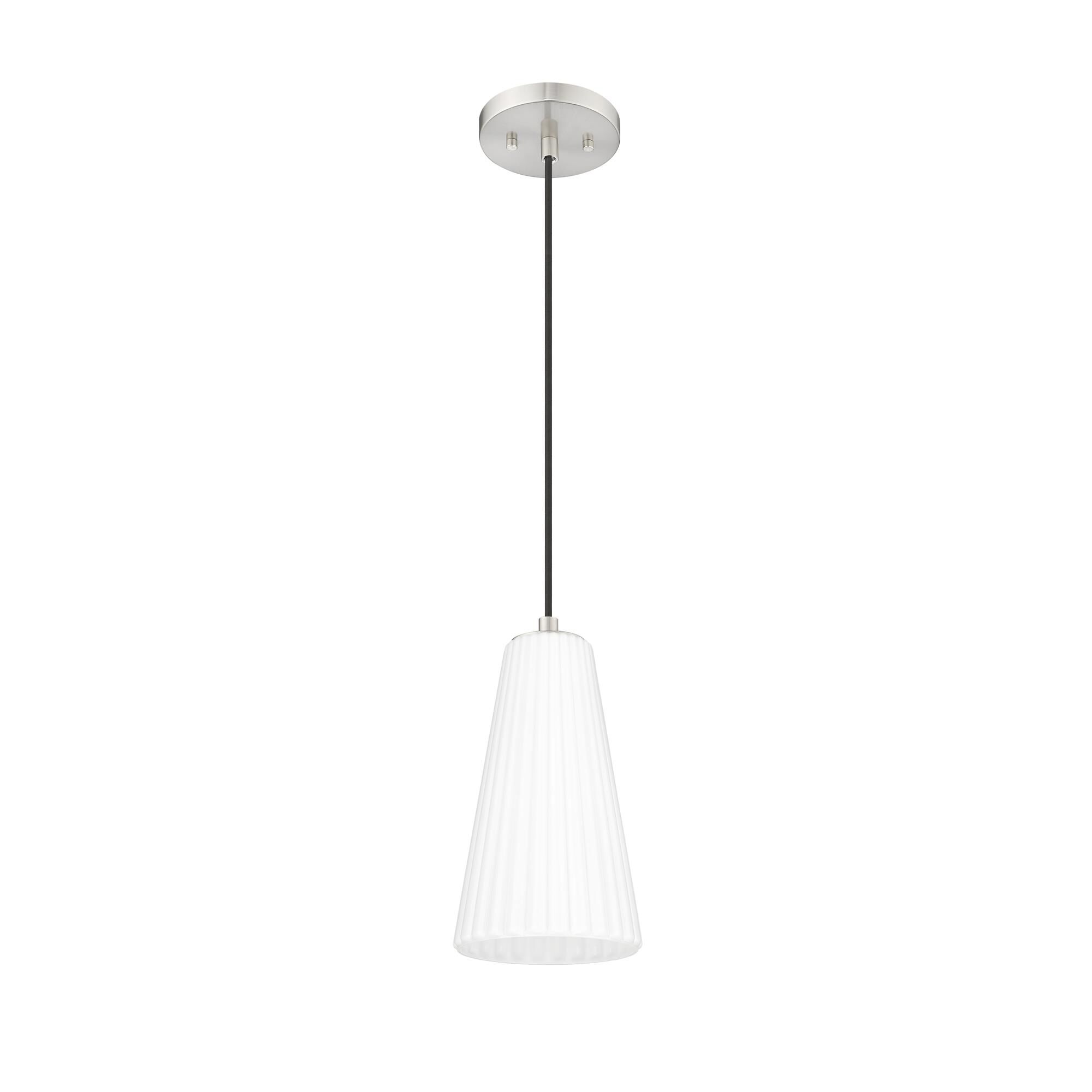 Shown in Brushed Nickel finish and White glass and White shade
