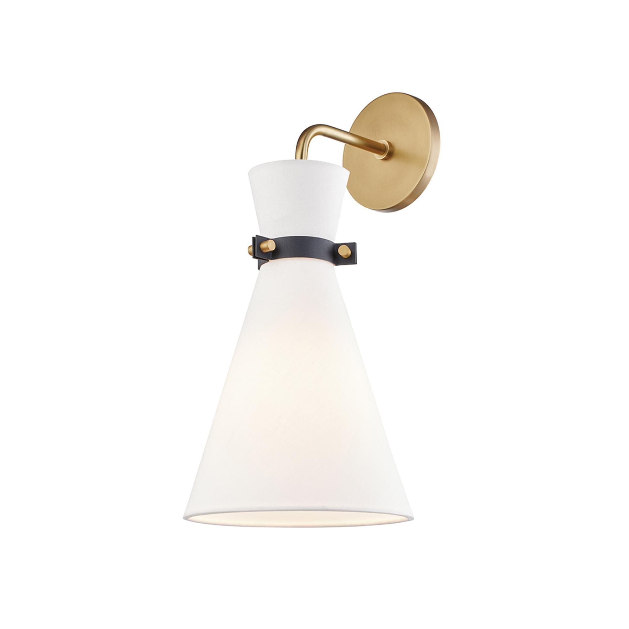 Shown in Aged Brass finish and White Linen shade and Black accent