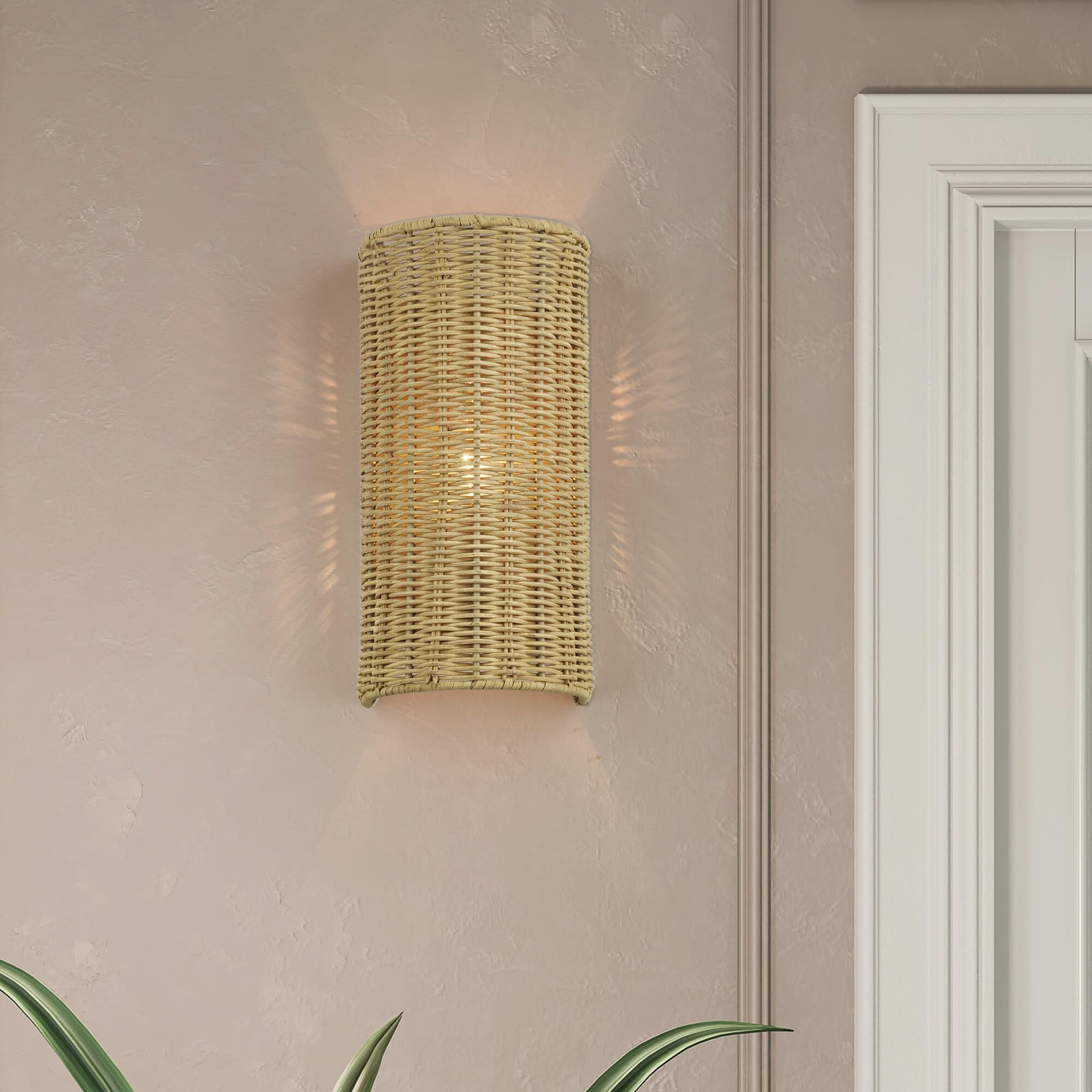Shown in Antique Gold Leaf finish and Hand-Woven Rustic Walnut Color Rattan shade