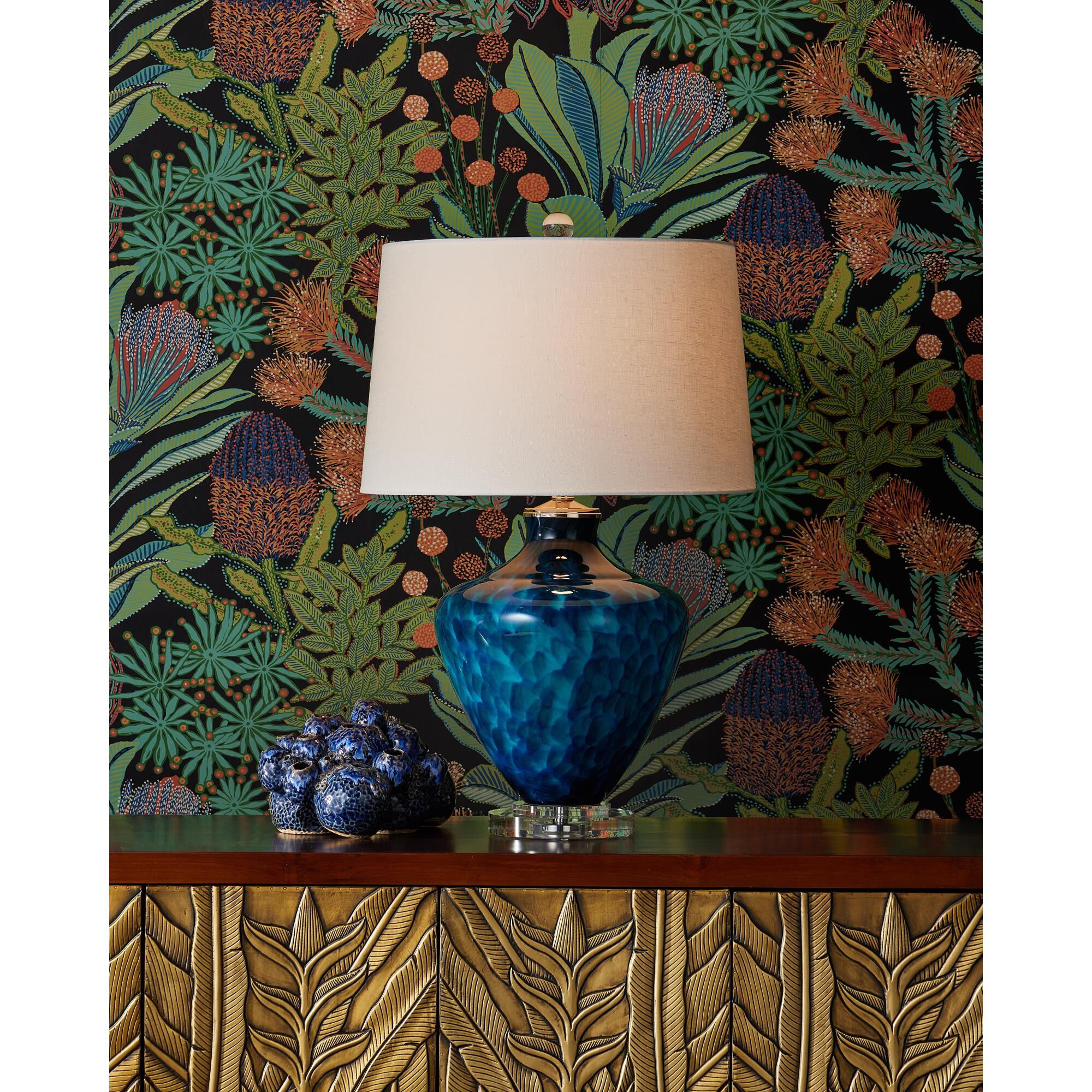 Shown in Blue and Clear finish and Off-White Linen/Hardback/Rolled Edge shade