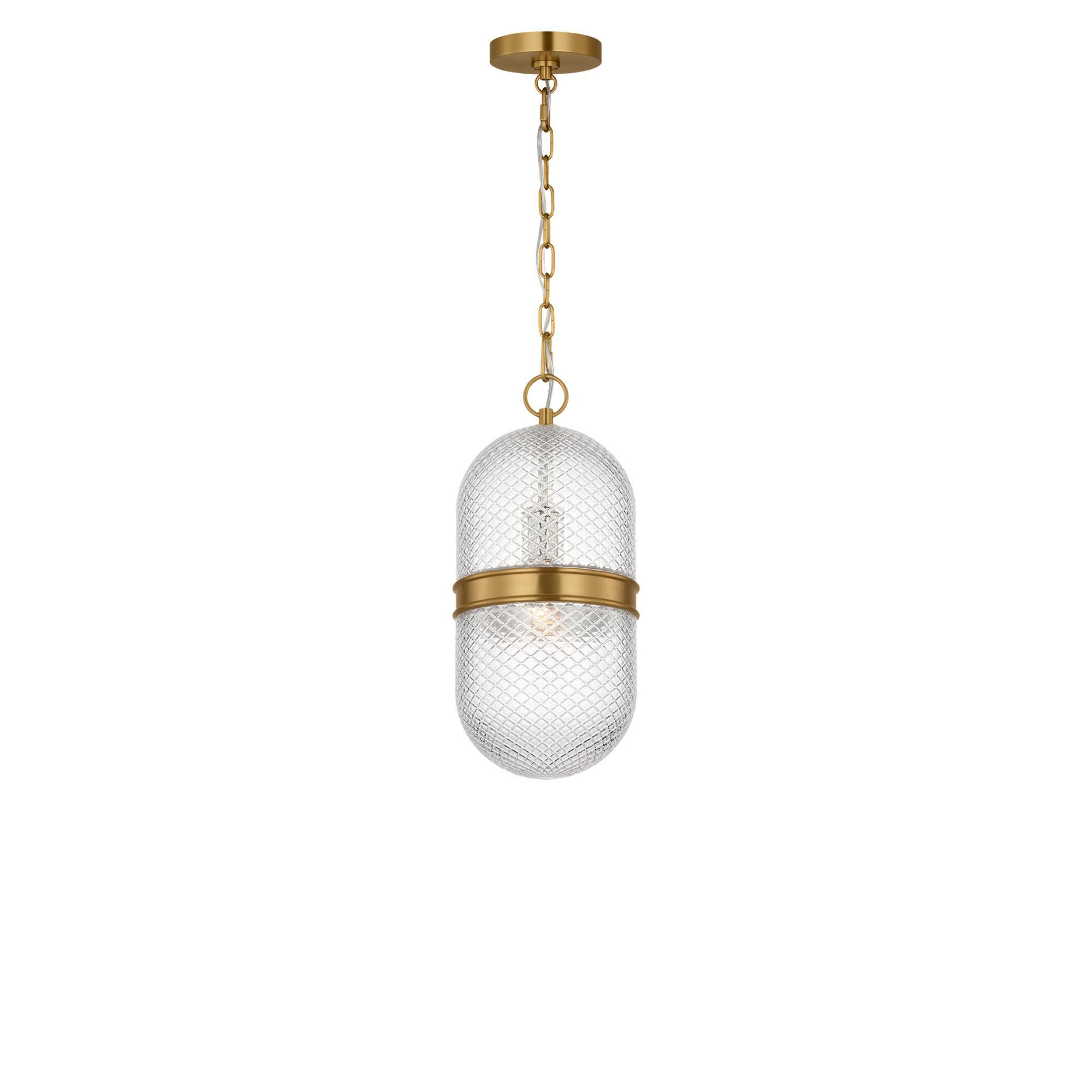 Shown in Burnished Brass finish and Textured Transparent Prismatic glass