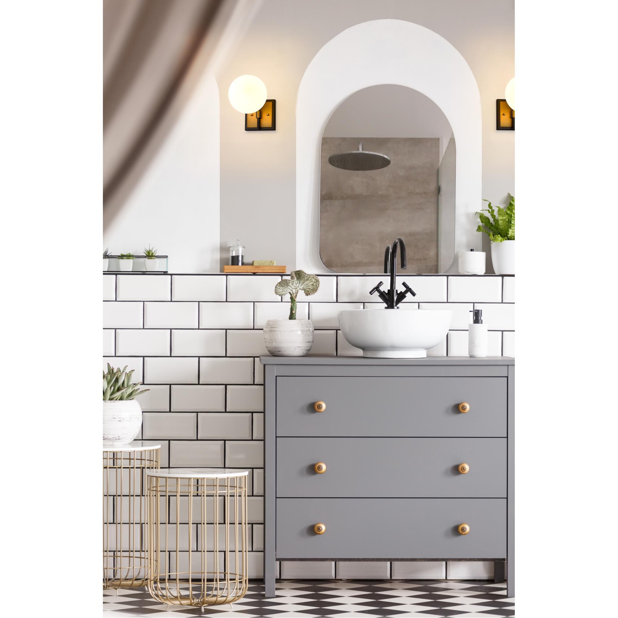 Shown in Matte Black + Olde Brass finish and Glass shade