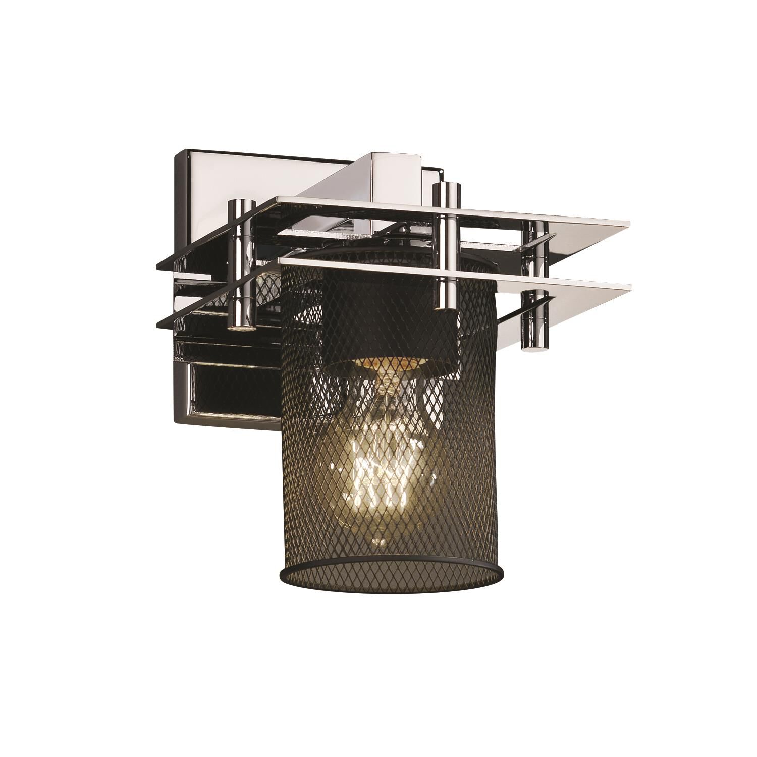 Shown in Polished Chrome finish and Wire Mesh shade and Cylinder with Flat Rim accent