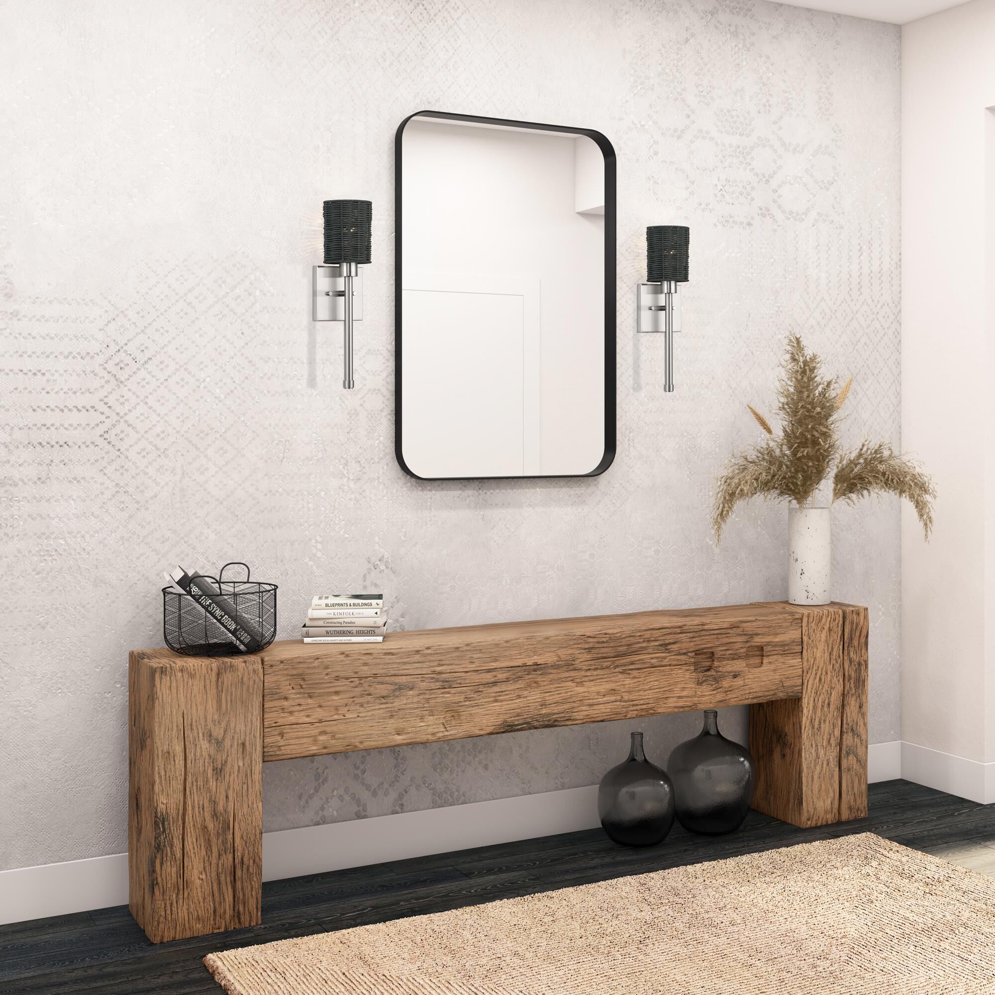 Shown in Brushed Nickel finish and Hand-Woven Charred Gray Color Rattan shade