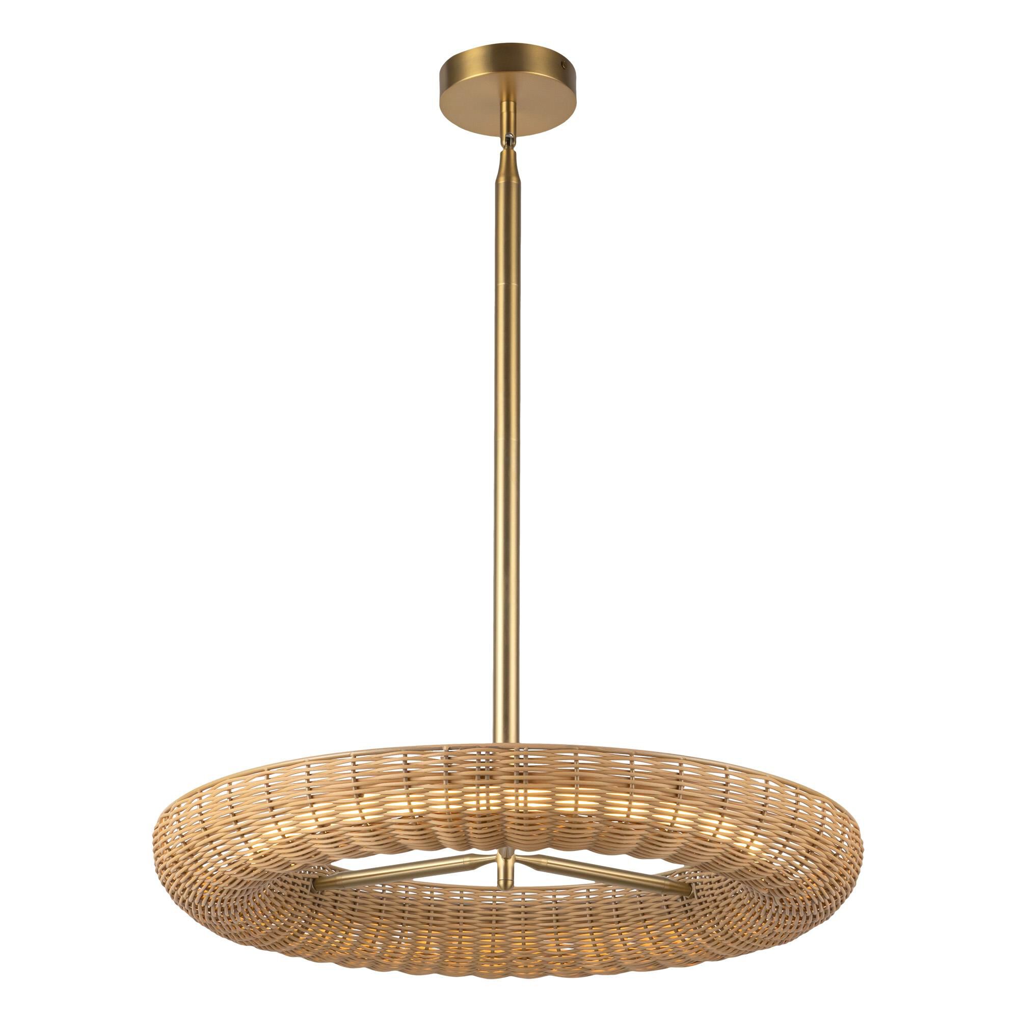 Shown in Brushed Gold finish and Frosted Acrylic Diffuser glass and Rattan shade