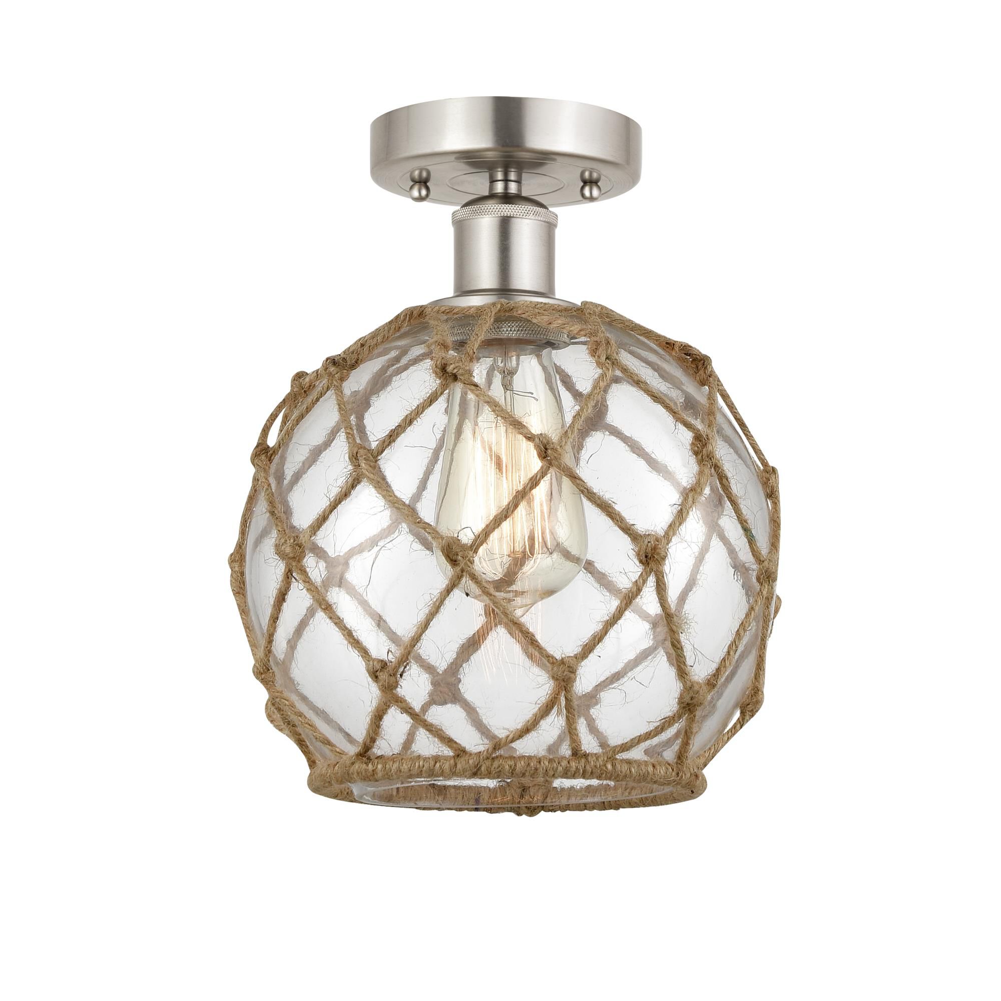 Shown in Brushed Satin Nickel, Clear Glass With Brown Rope finish and Clear glass and Clear Glass With Brown Rope Glass And Rope shade