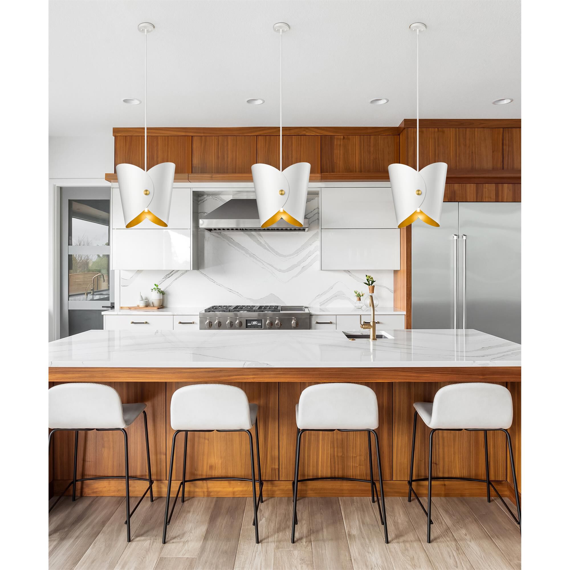 Shown in Matte White finish and Matte White Outer And Gold Inner glass and Matte White Outer And Gold Inner shade