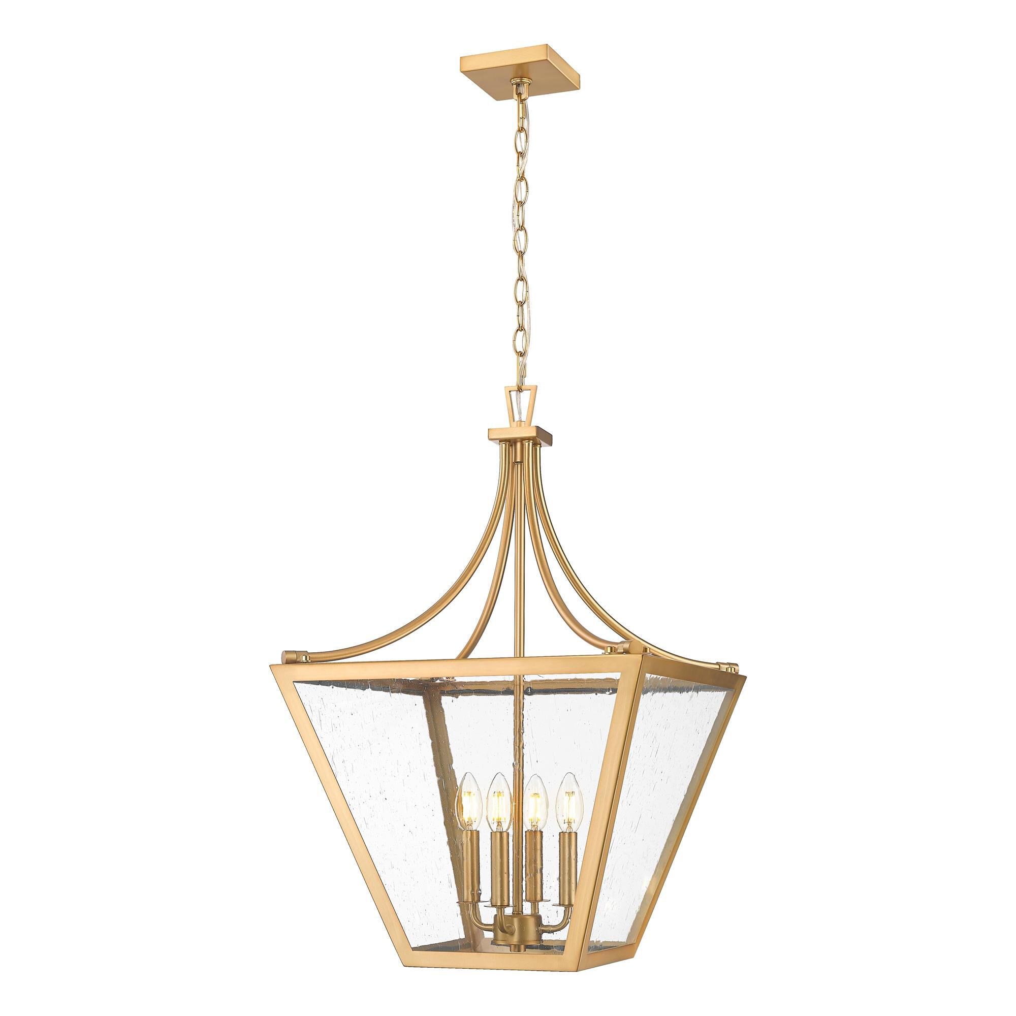 Shown in Rubbed Brass finish and Clear Seedy glass