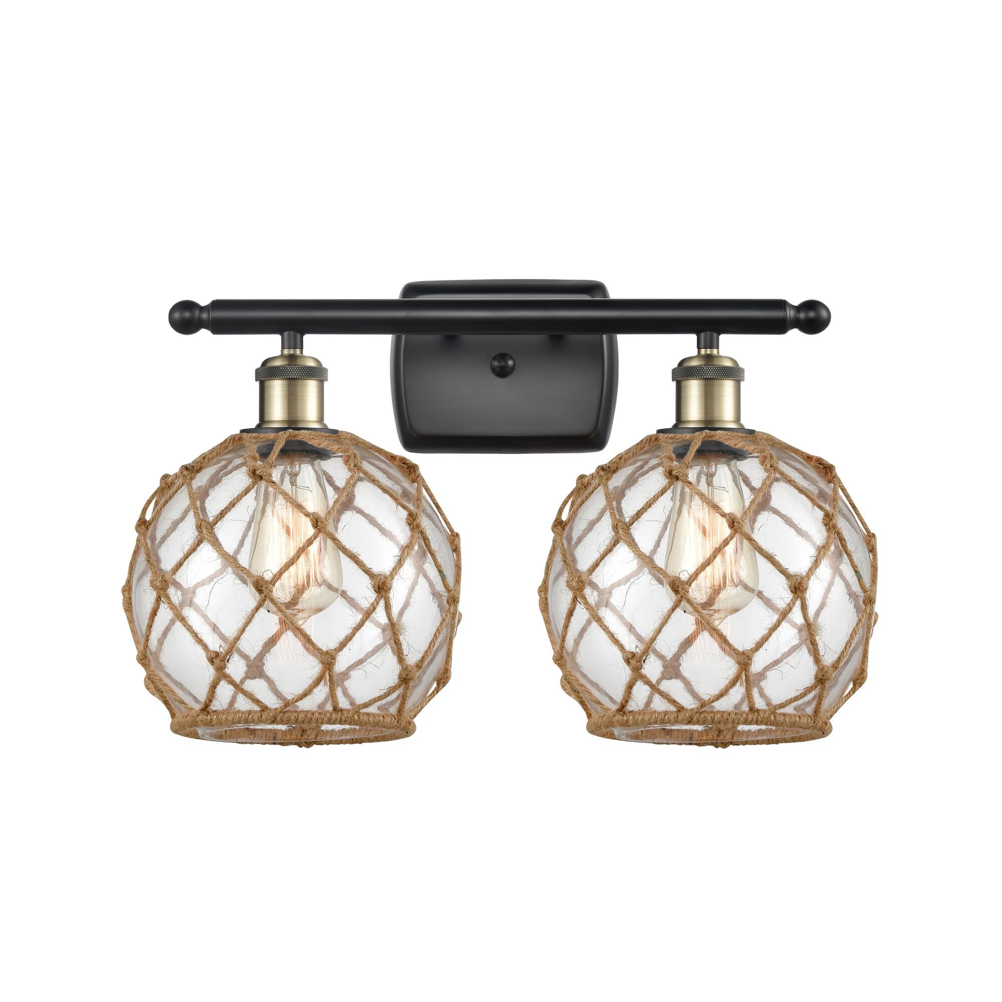 Shown in Black Antique Brass finish and Sphere glass and Glass And Rope shade