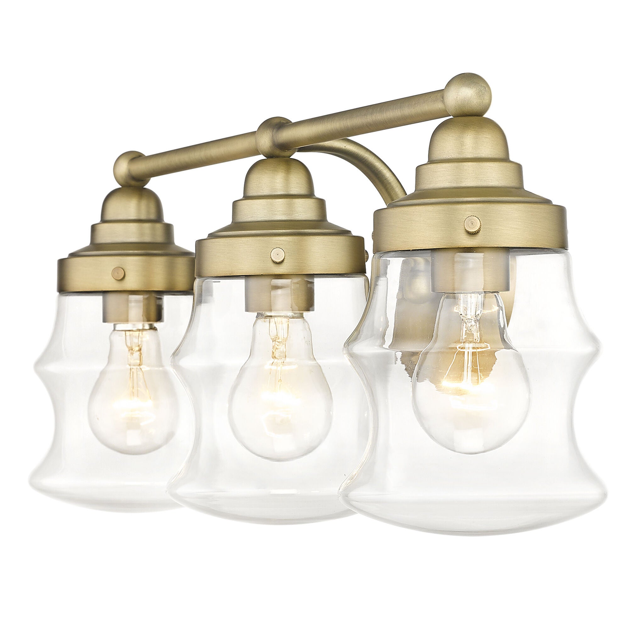 Shown in Antique Brass finish and Clear Glass shade