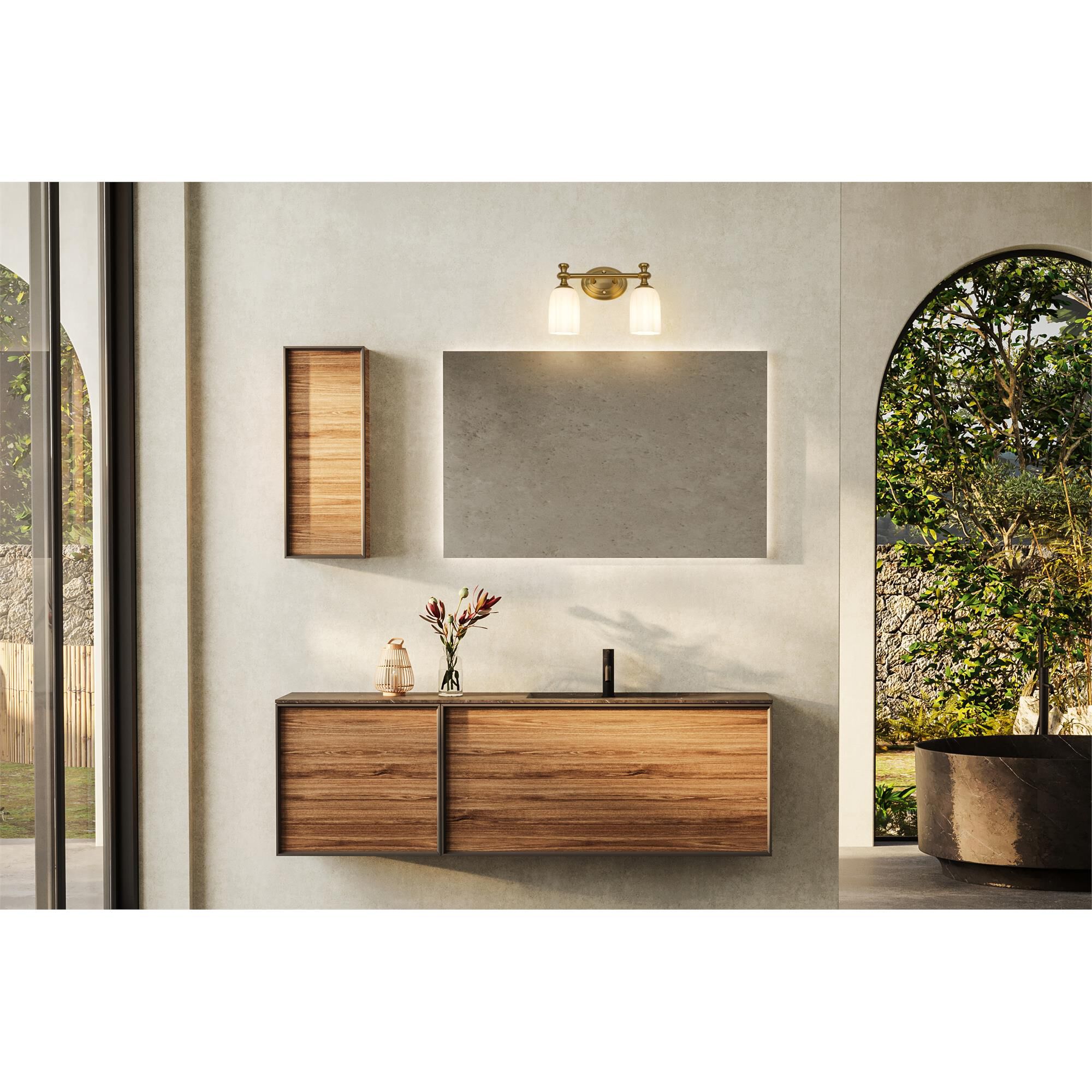 Shown in Modern Gold finish and Opal Etched glass and Opal Etched shade