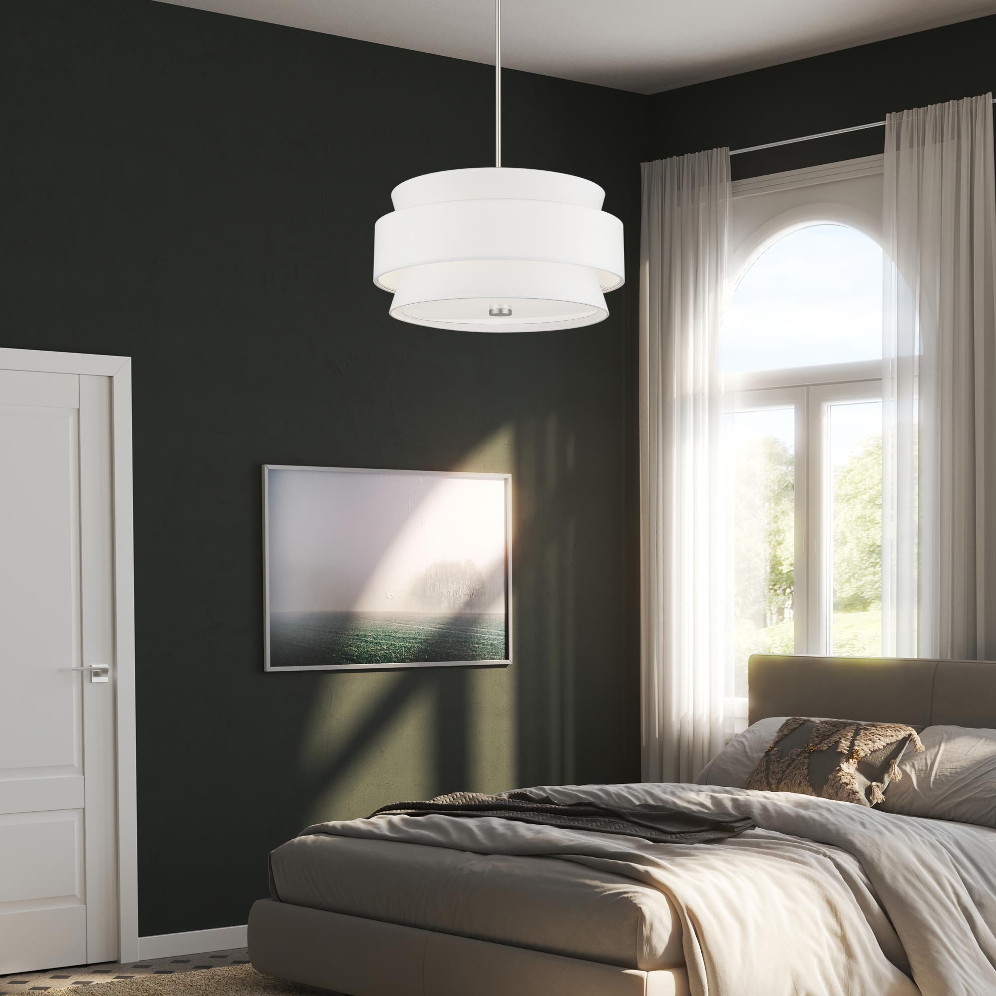 Shown in Brushed Nickel finish and Hand Crafted Off-White Fabric Hardbacks with White Fabric Inside shade