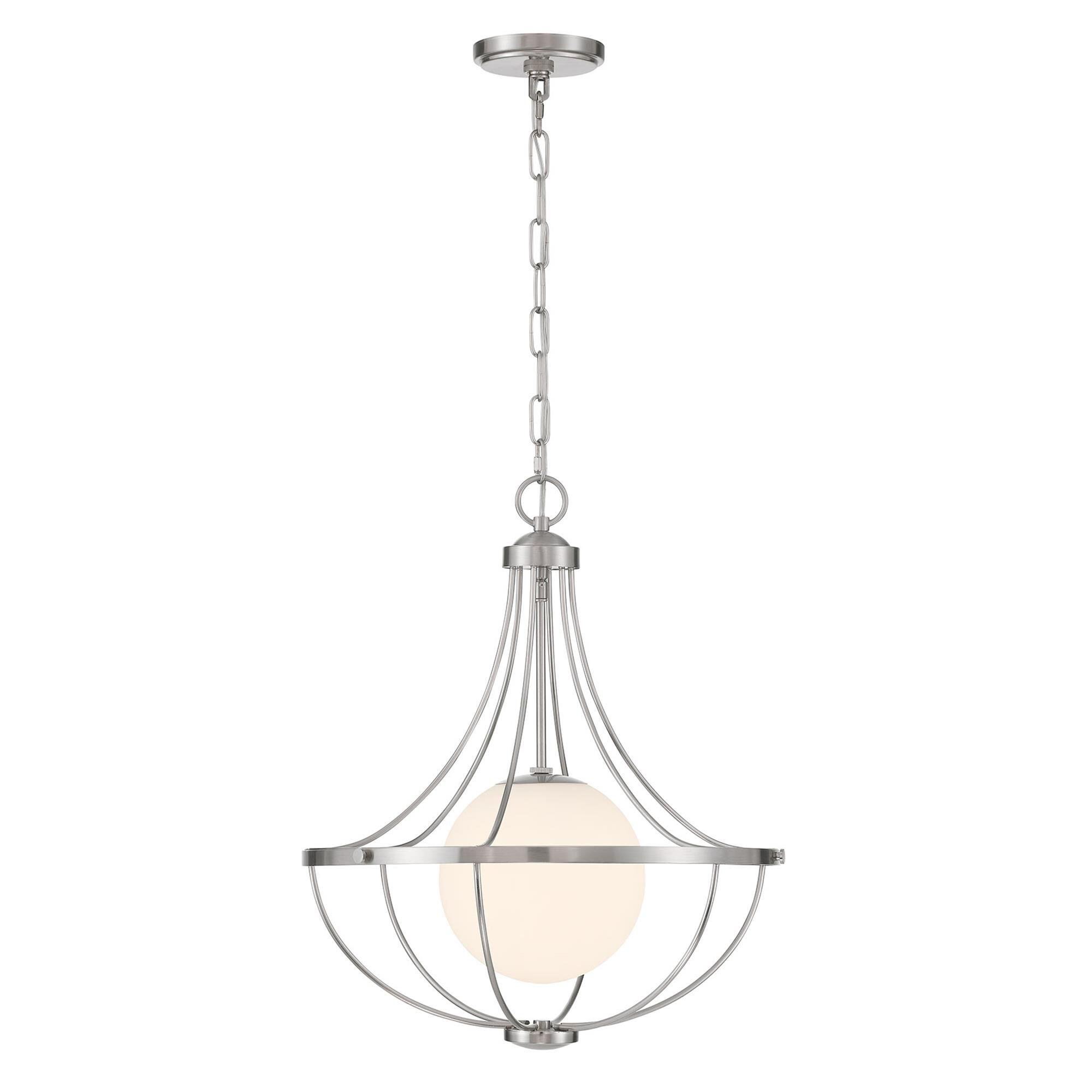 Shown in Brushed Nickel finish and White Opal glass and Glass shade