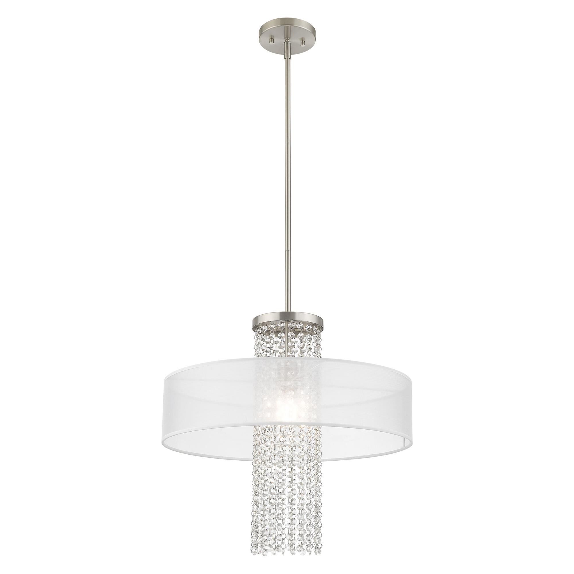 Shown in Brushed Nickel finish and Clear Crystals with Hand Crafted Translucent Fabric shade