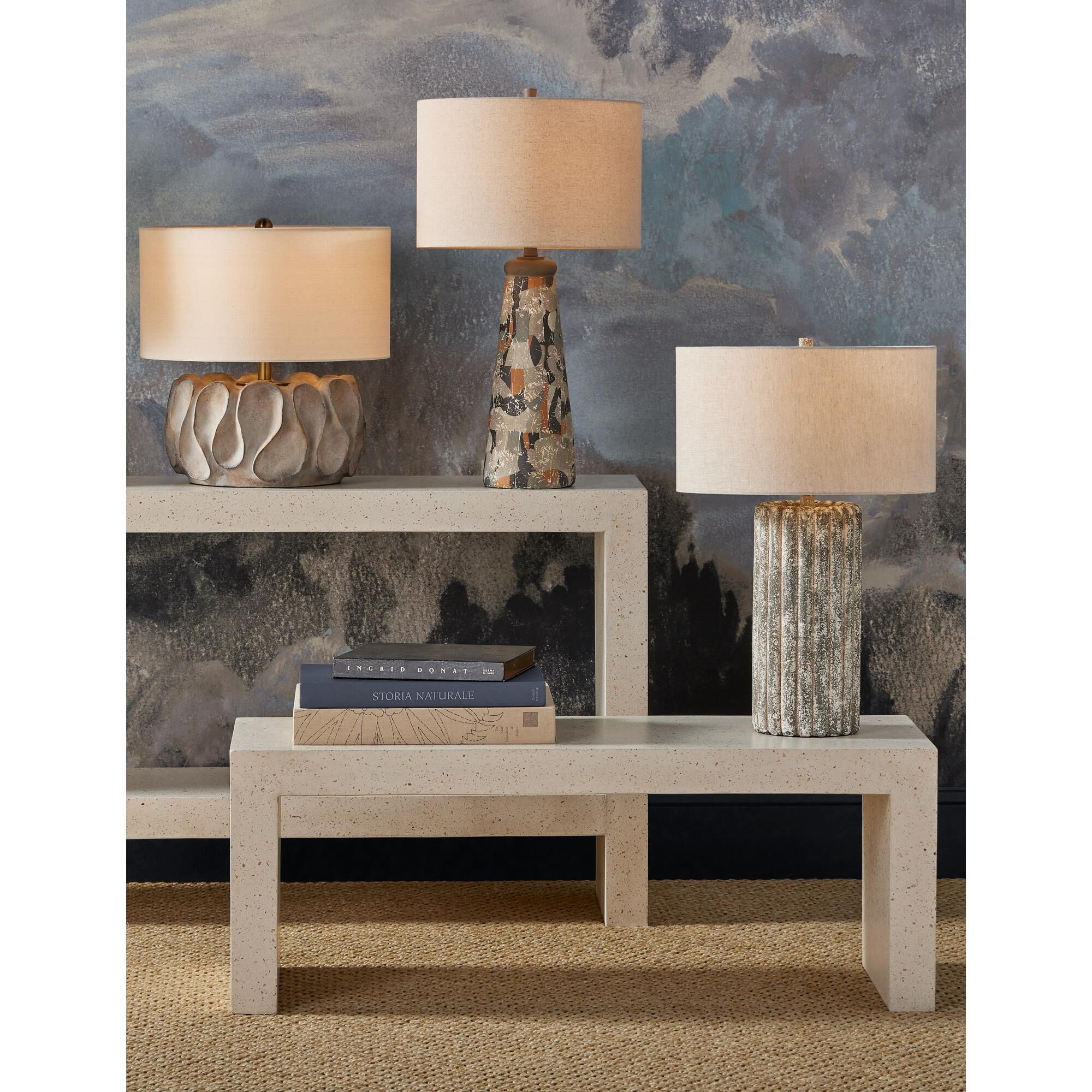Shown in Dark Gray and Off-White finish and Natural Linen shade