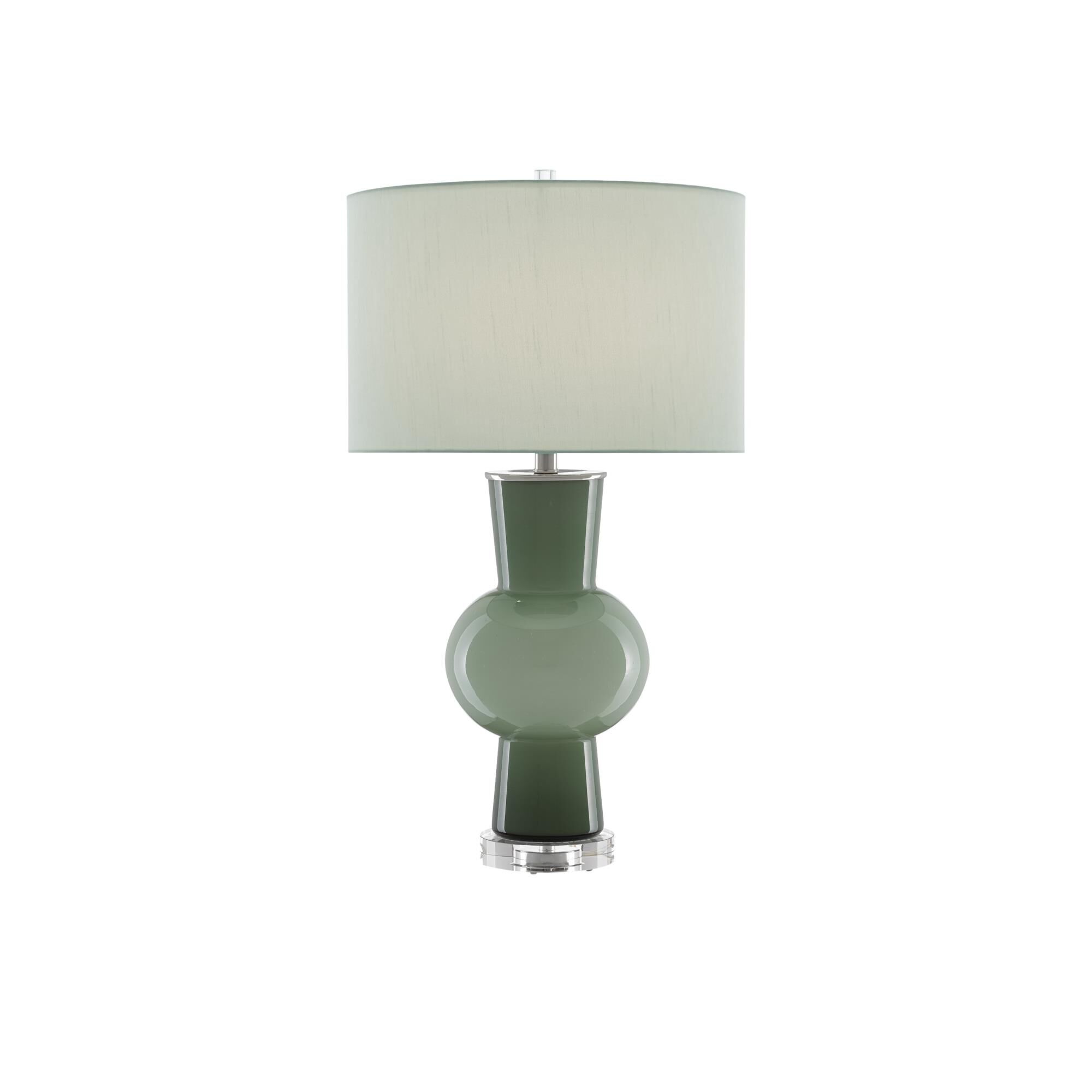 Shown in Light And Dark Green - Polished Nickel - Clear finish and Green Lily Shantung shade