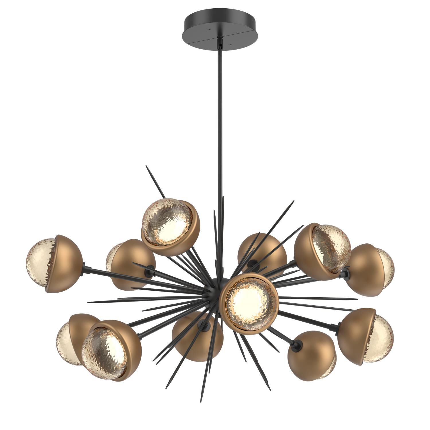 Shown in Matte Black finish and Amber glass and Novel Brass accent