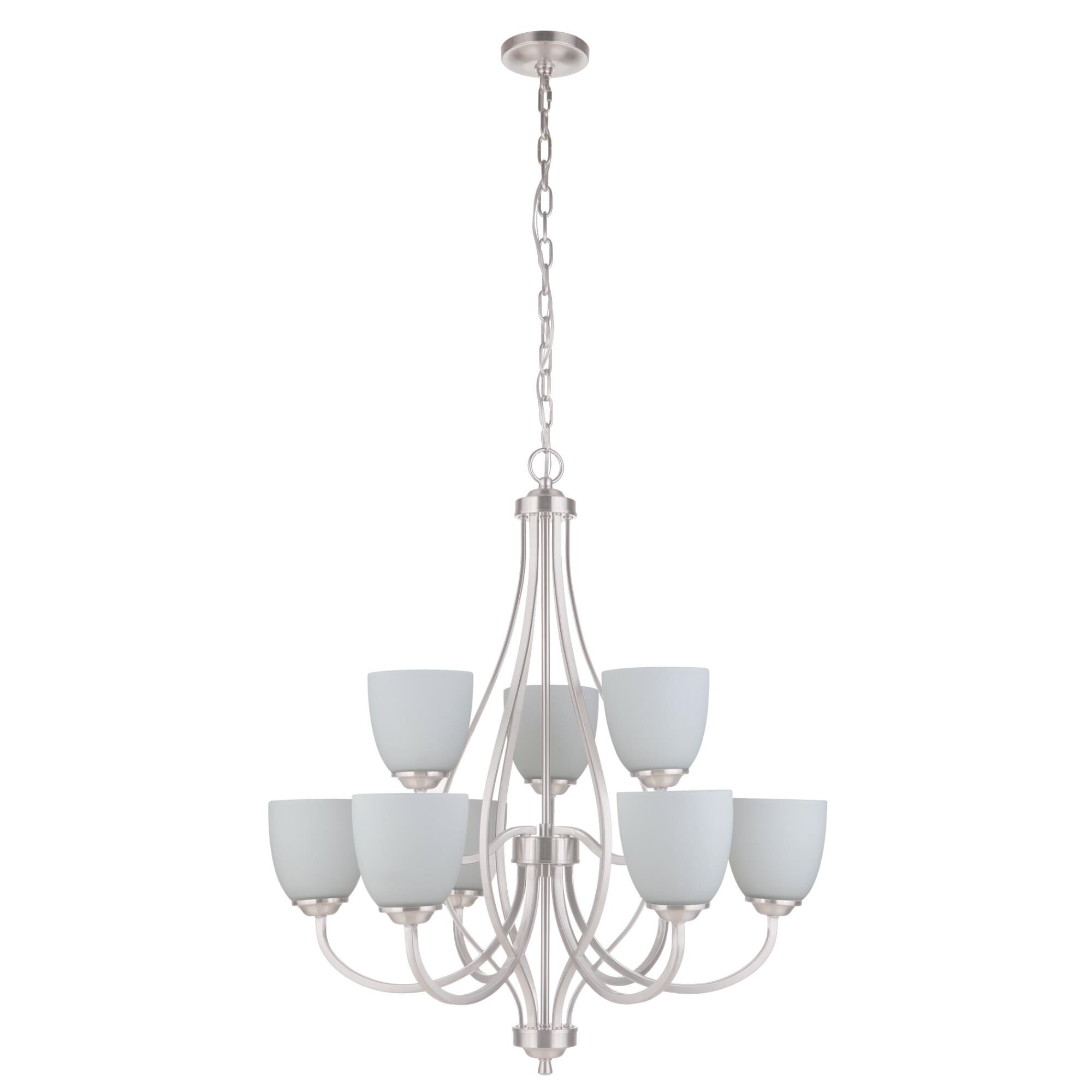Shown in Brushed Polished Nickel finish and White Frosted glass and Glass shade