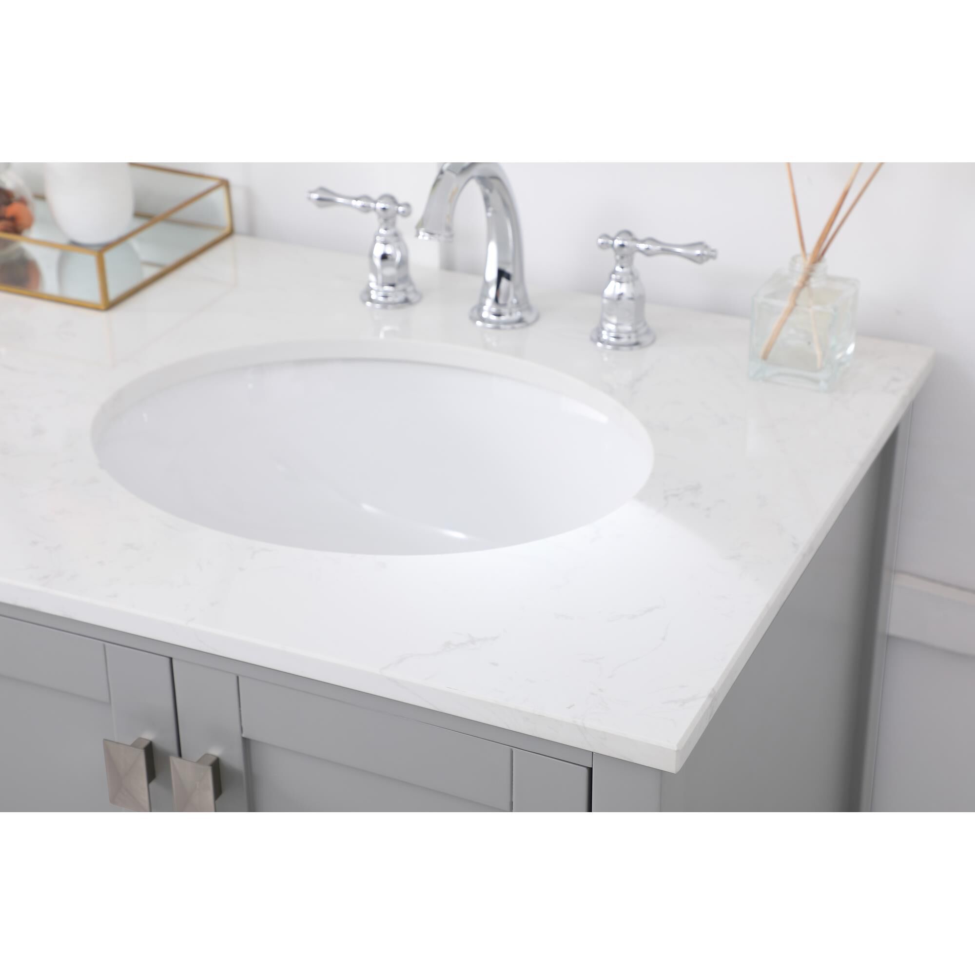 Shown in Gray And Brushed Nickel With Calacatta Quartz finish