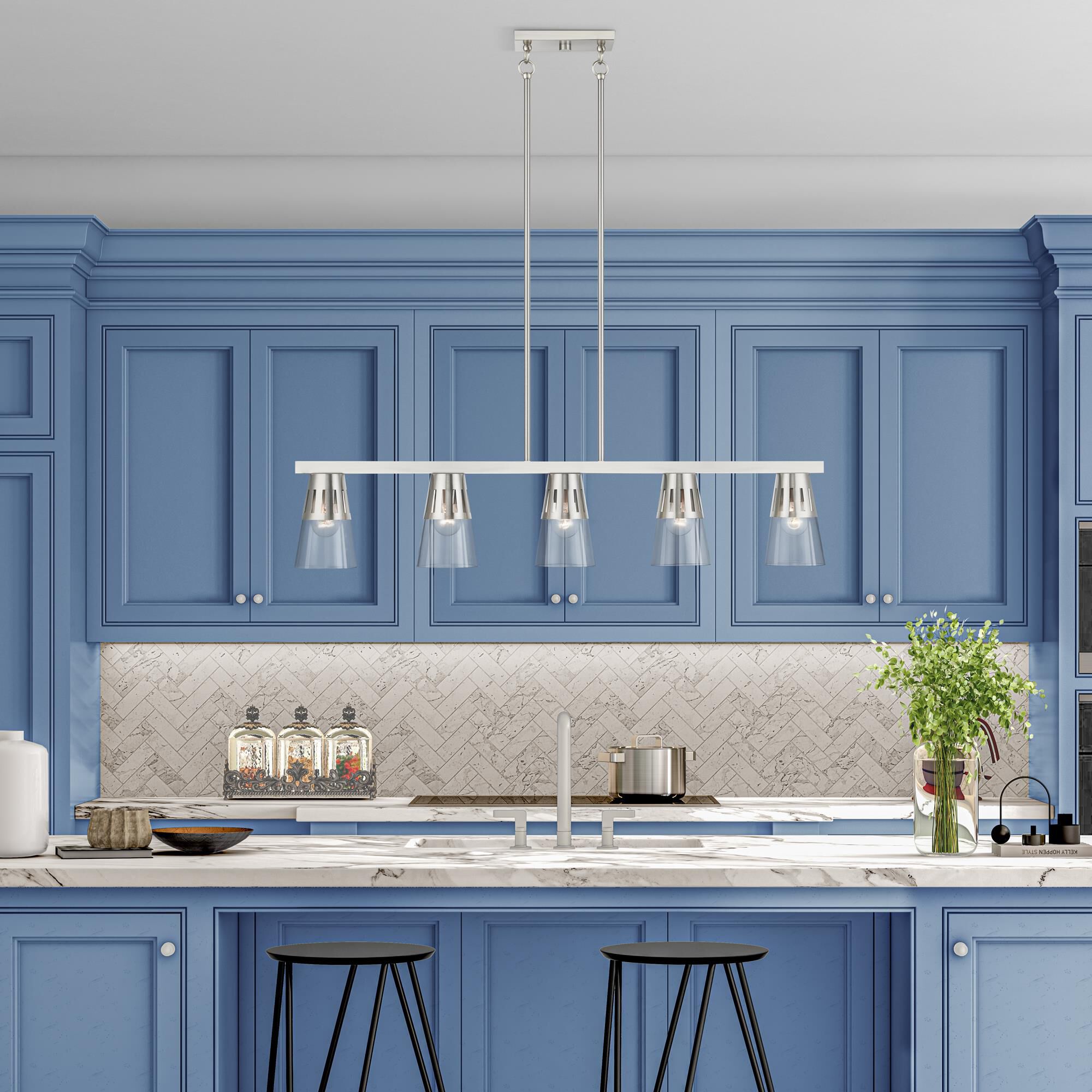 Shown in Brushed Nickel finish and Clear Hand Blown glass