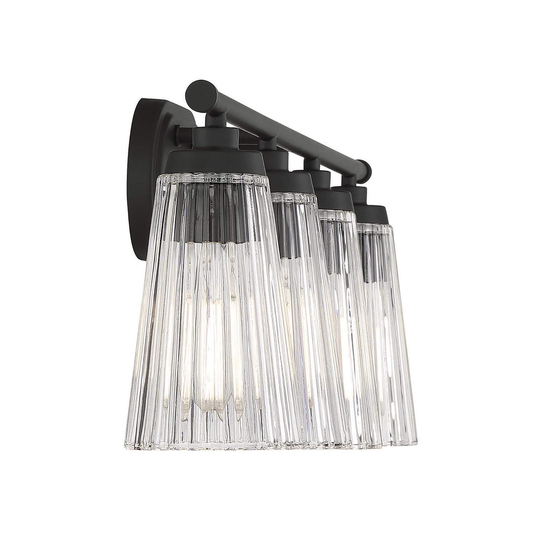 Shown in Matte Black finish and Clear Ribbed glass and Glass shade