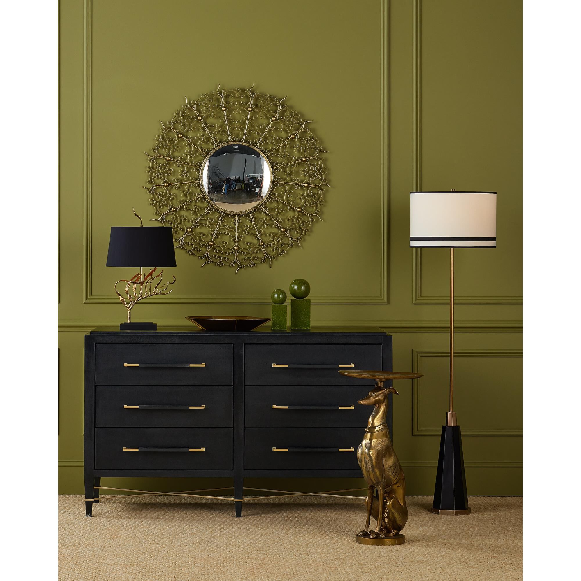 Shown in Black, Bronze and Antique Brass finish and Off-White Polyester/Black Trim shade