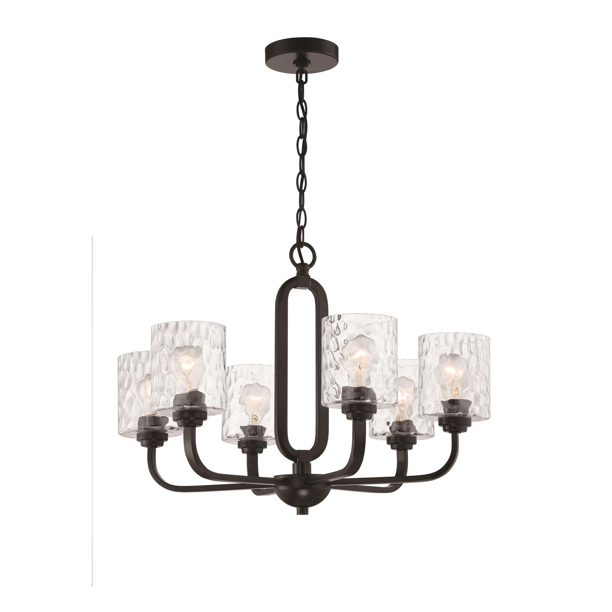 Shown in Flat Black finish and Clear Hammered glass and Glass shade