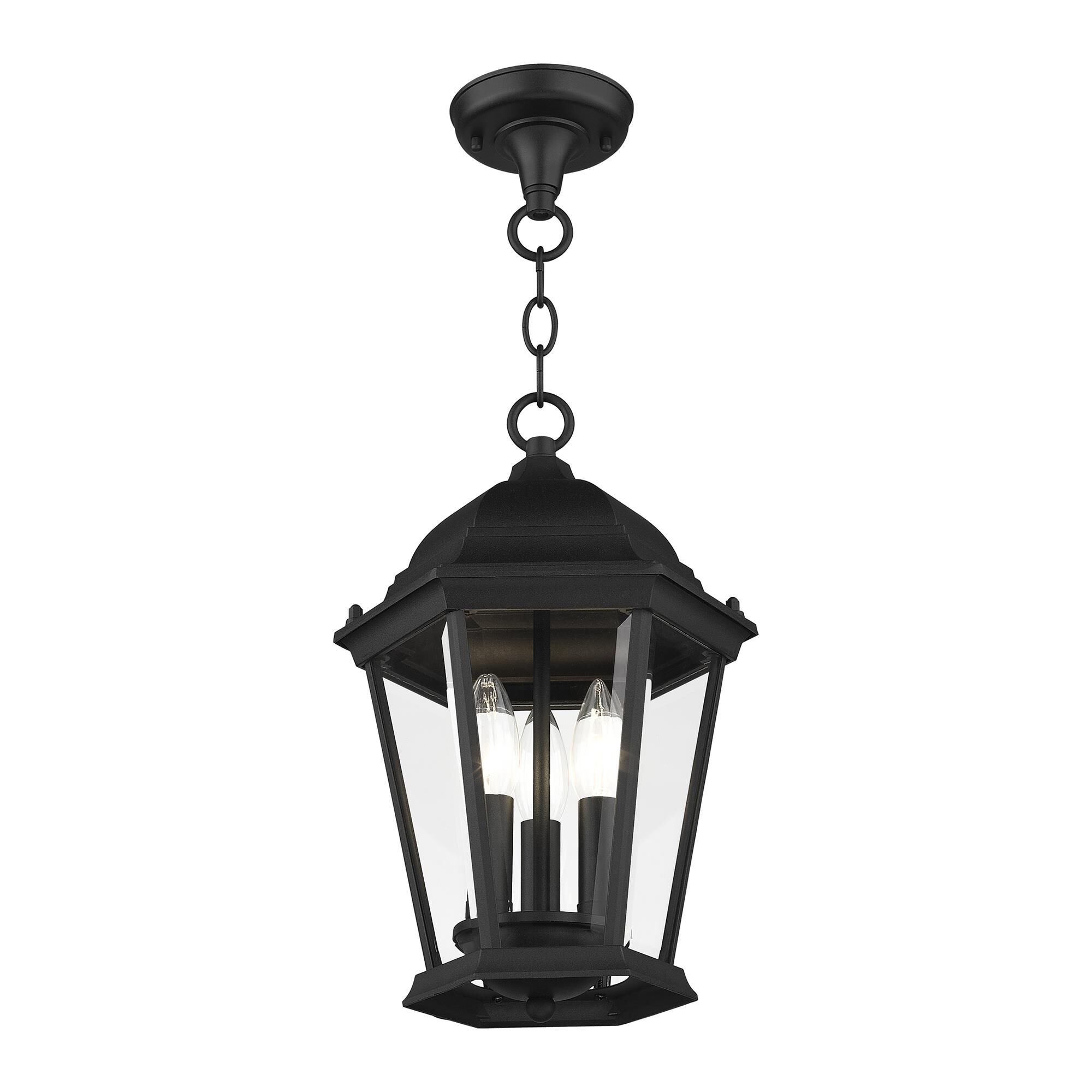 Shown in Textured Black finish and Clear Beveled glass and Clear Beveled Glass shade