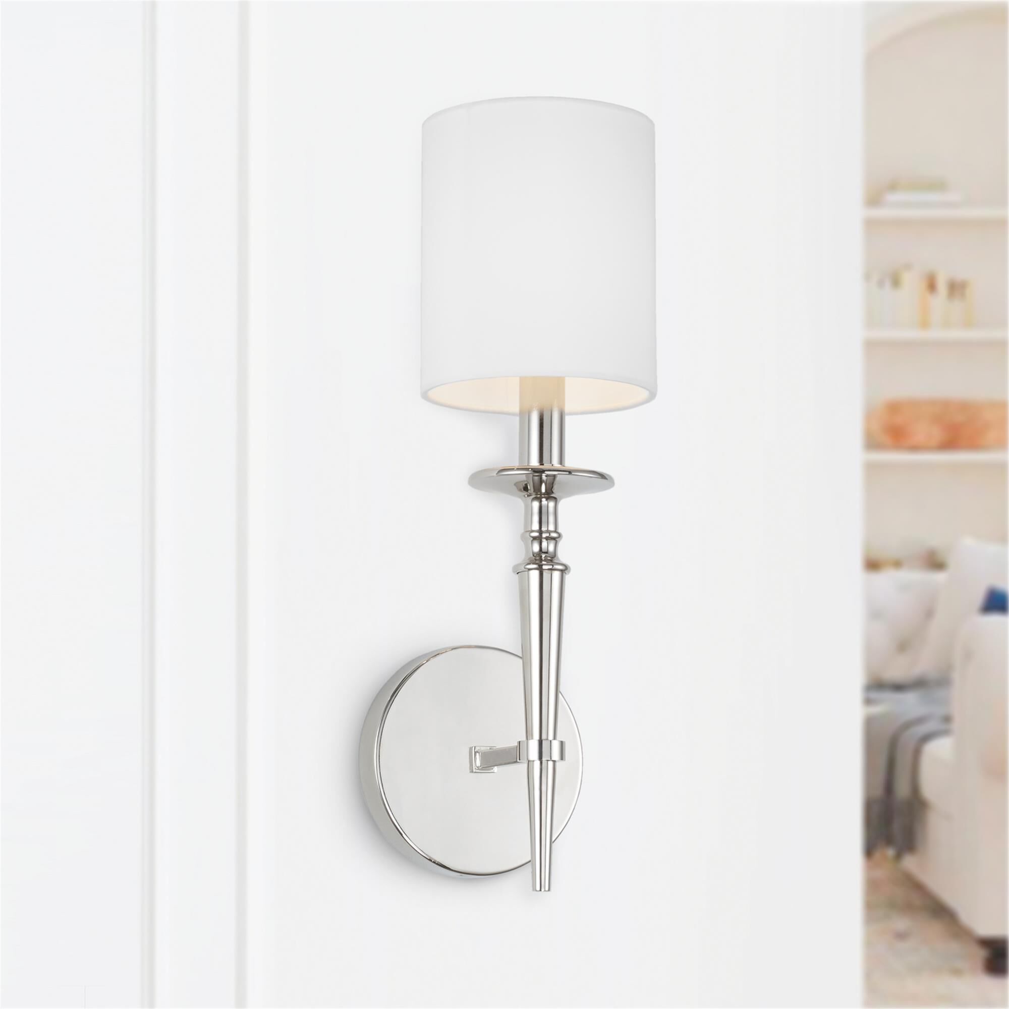 Shown in Polished Nickel finish and 701 glass and White Fabric Stay-Straight shade