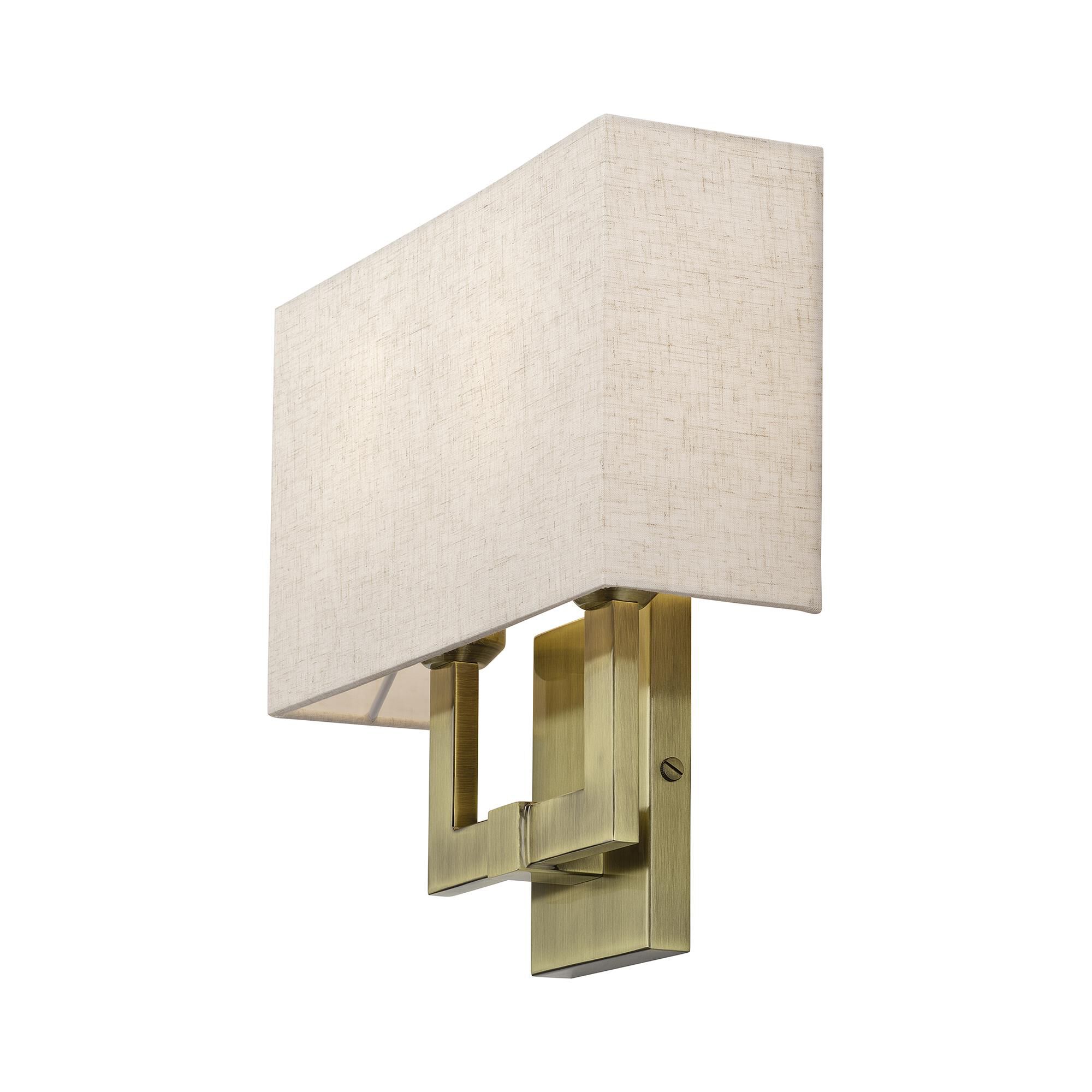 Shown in Antique Brass finish and Hand Crafted Oatmeal Color Fabric with White Color Inside shade