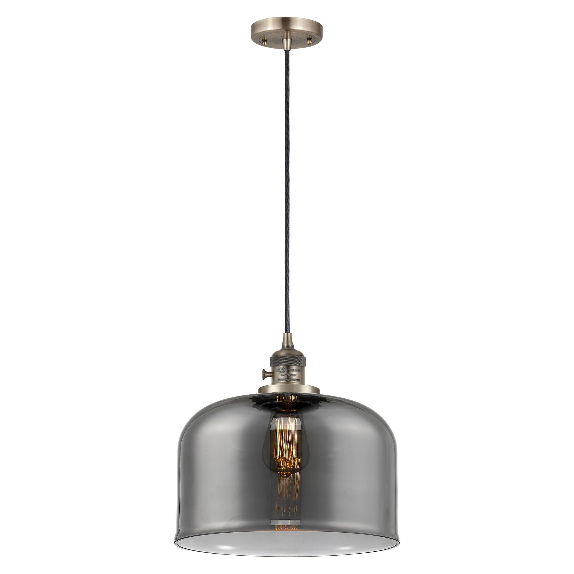 Shown in Antique Brass finish and Plated Smoke glass