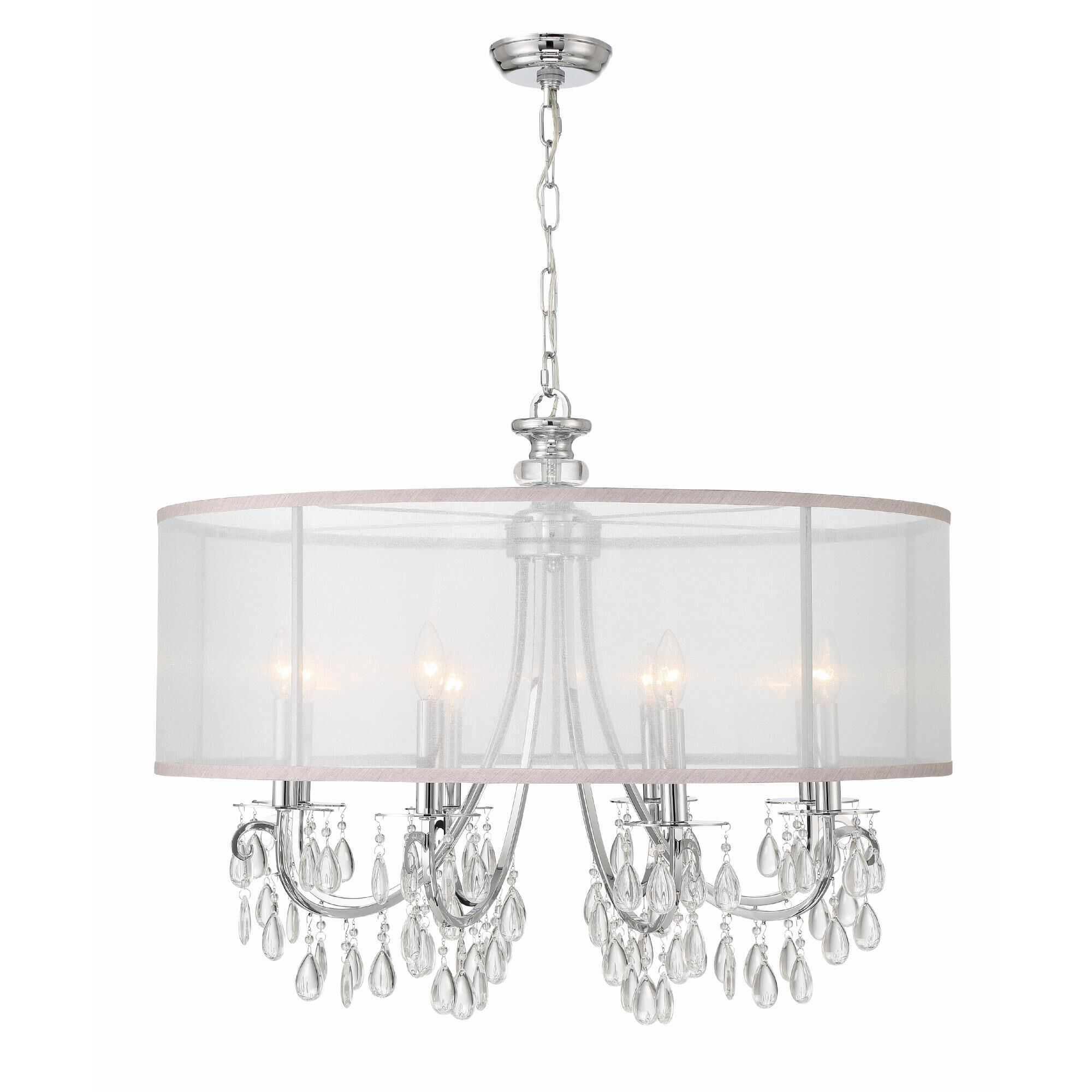 Shown in Polished Chrome finish and Clear Teardrop Almond crystal and Silk glass and Silk shade