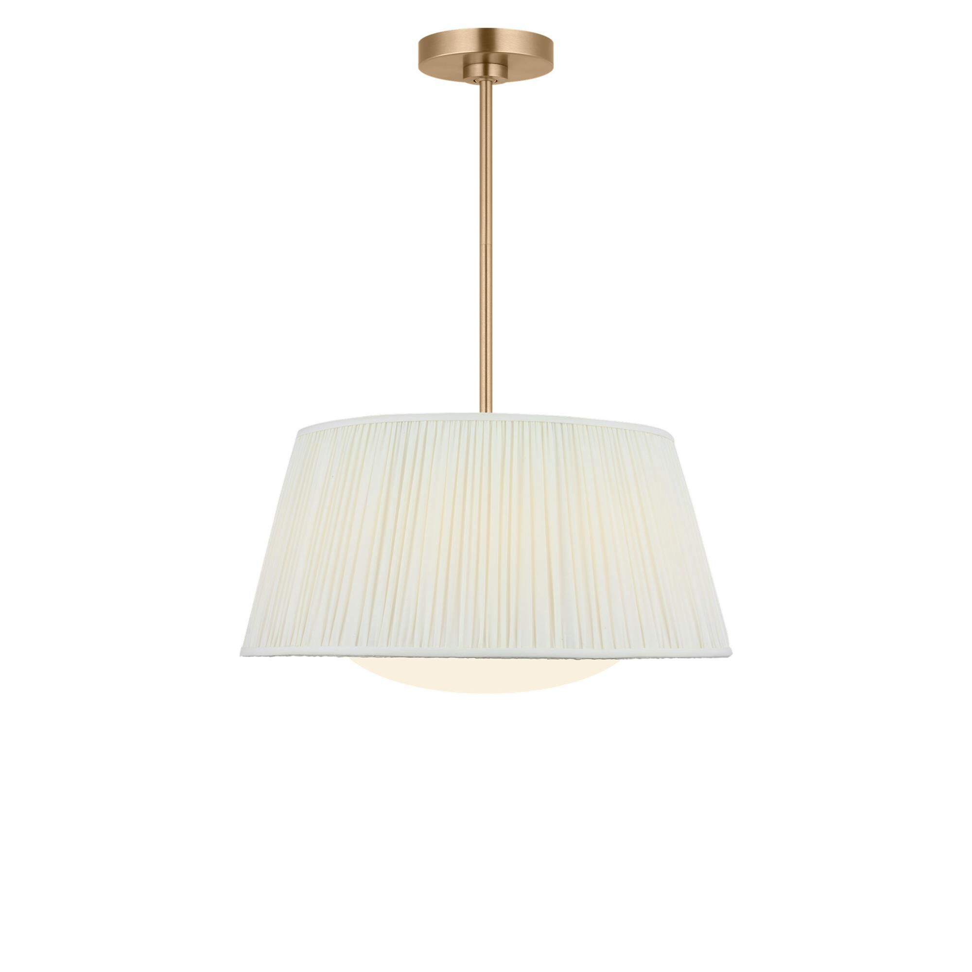 Shown in Satin Brass finish and Mushroom Pleat Fabric shade