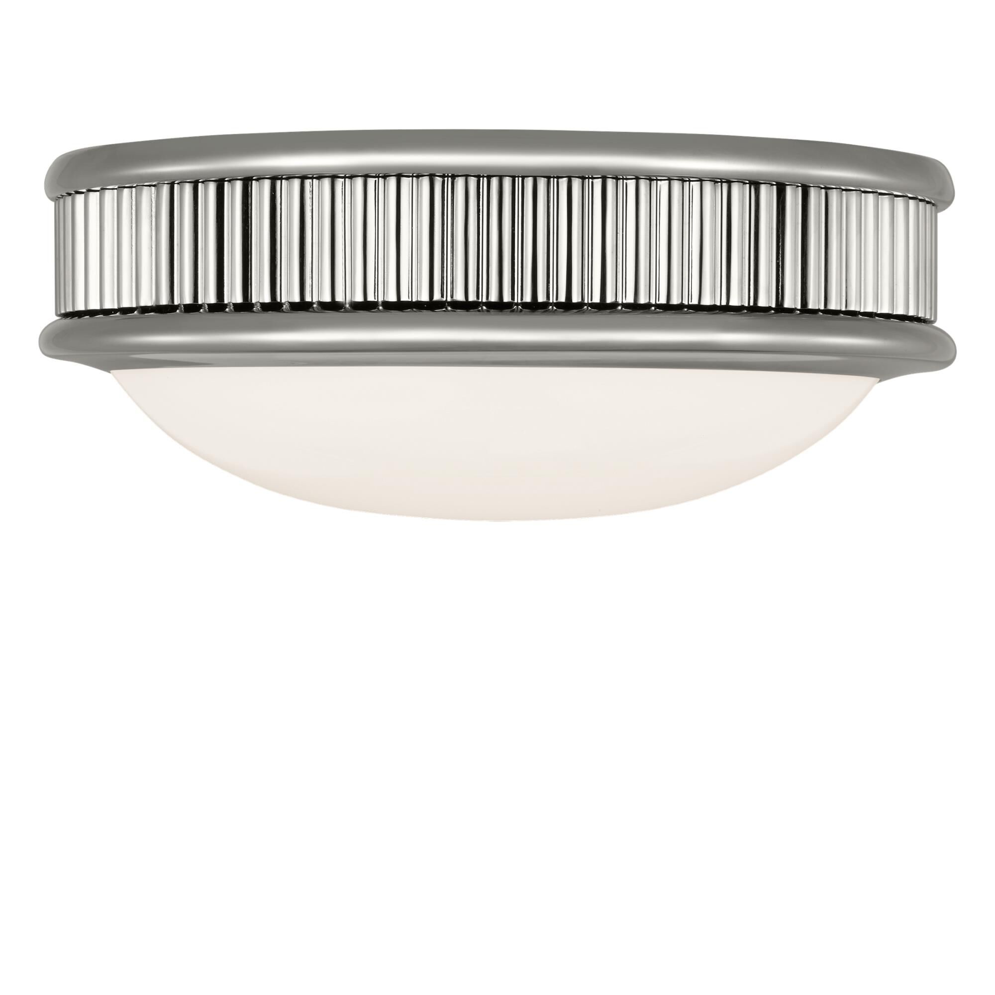 Shown in Polished Nickel finish and Milk glass