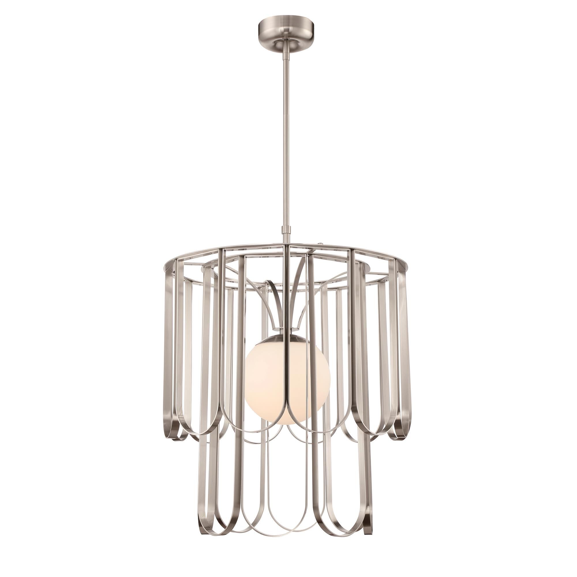 Shown in Brushed Polished Nickel finish and White Frosted glass and Glass shade