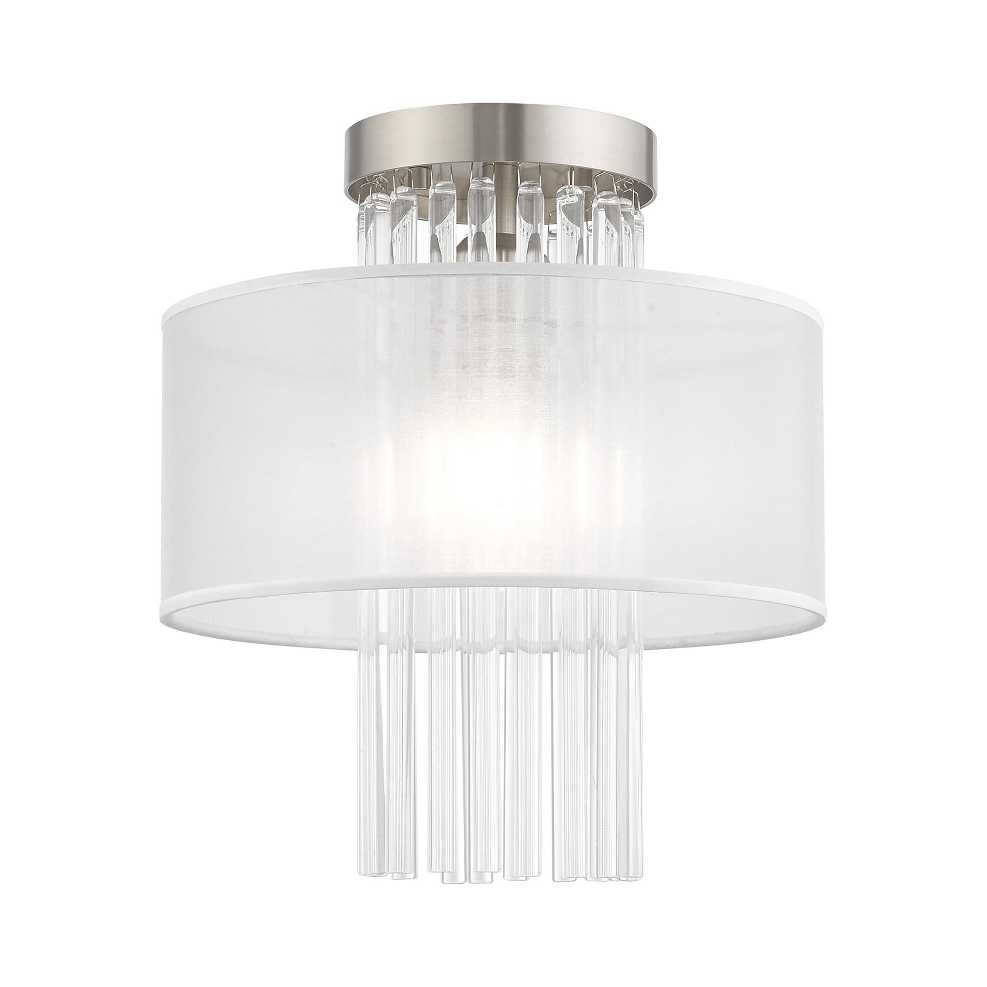 Shown in Brushed Nickel finish and Clear Crystal Rods with Hand Crafted Translucent Fabric shade
