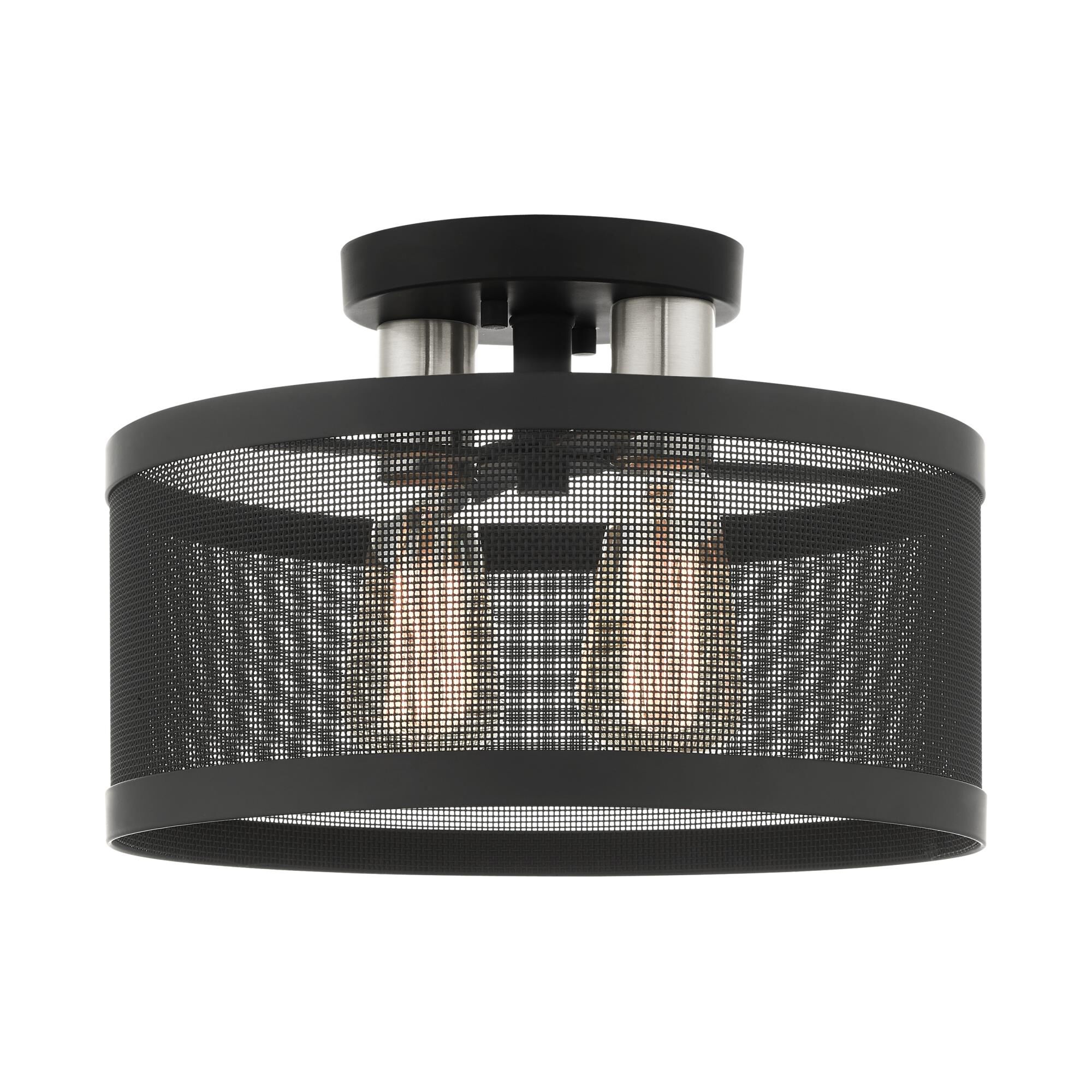 Shown in Black With Brushed Nickel Accents finish and Black Stainless Mesh Shade glass and Black Stainless Mesh shade