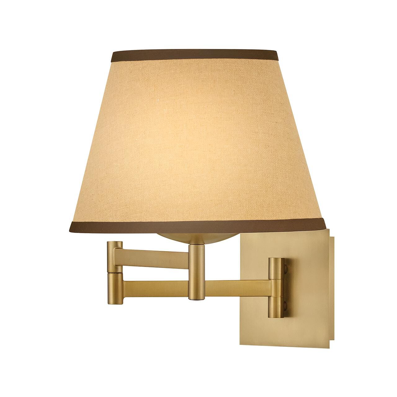 Shown in Lacquered Brass finish and Light Beige Fabric shade