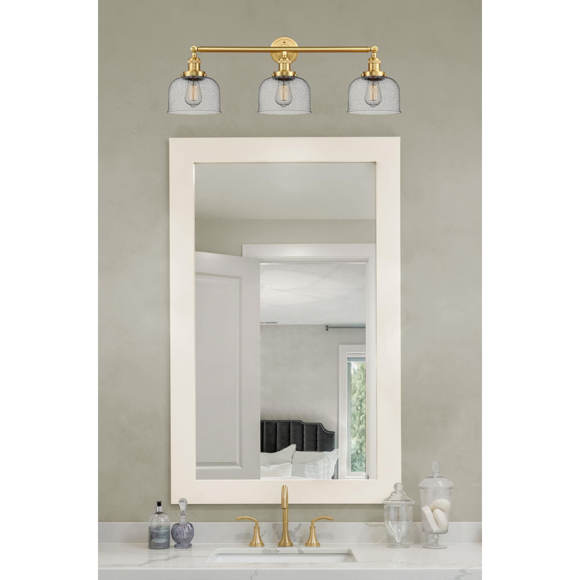 Shown in Satin Gold finish and Seedy Large Bell glass