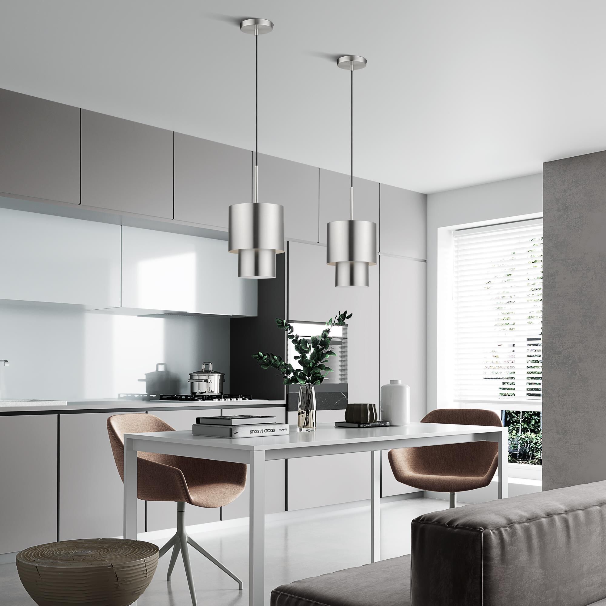 Shown in Brushed Nickel finish and Brushed Nickel Steel with Shiny White Inside shade