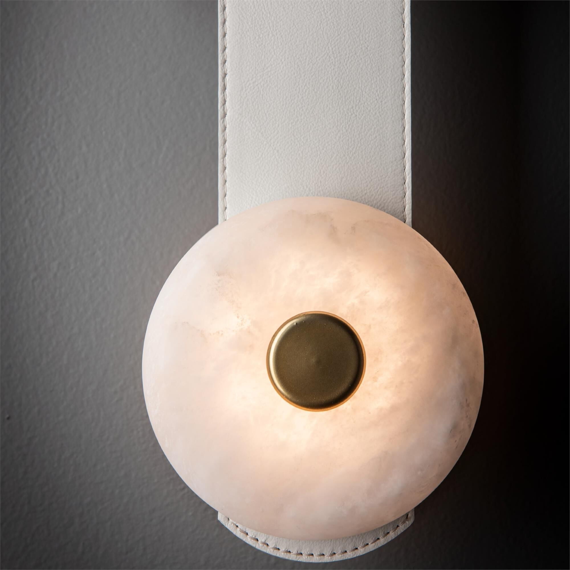 Shown in Modern Brass finish and Alabaster shade and White accent