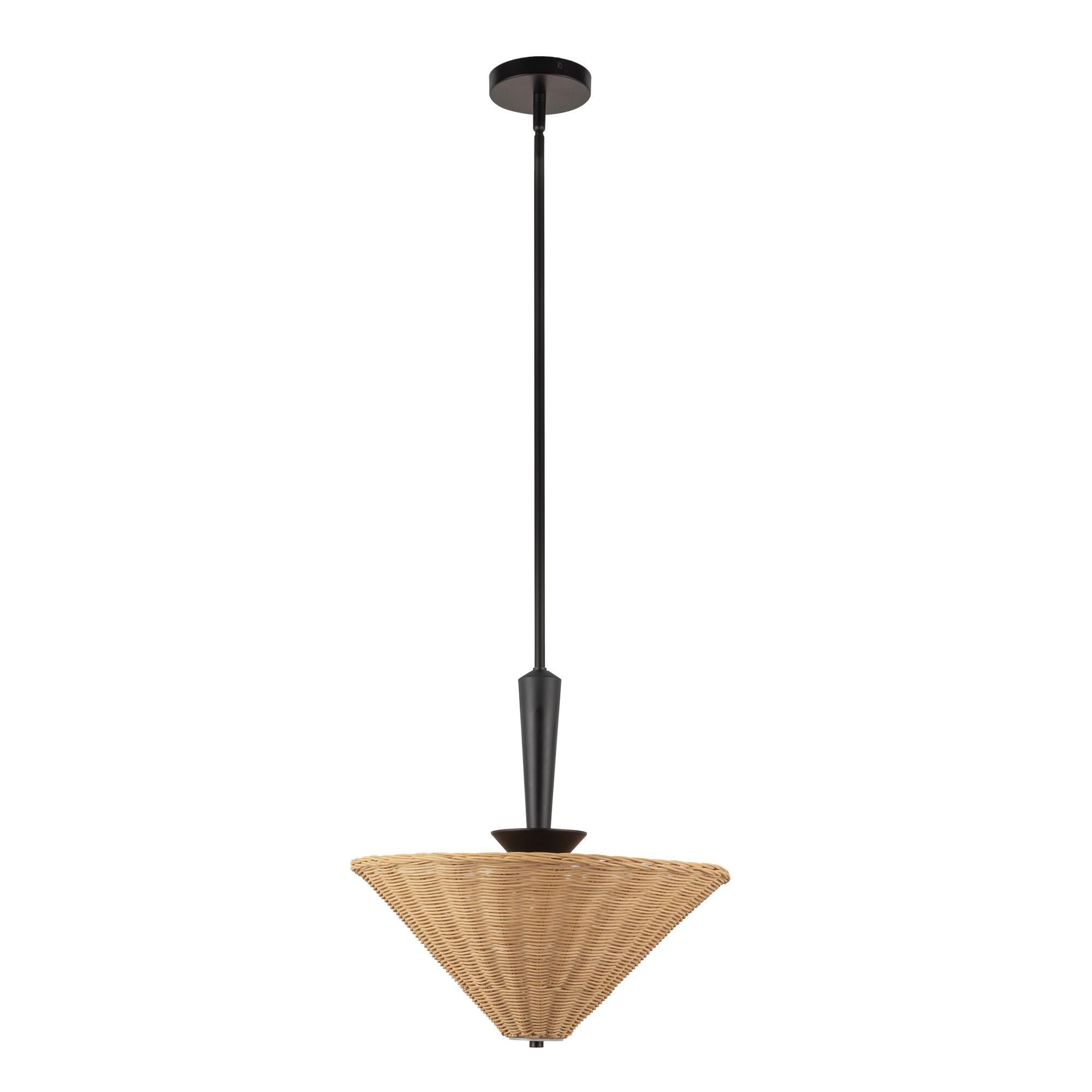 Shown in Matte Black finish and White Acrylic Diffuser glass and Rattan shade