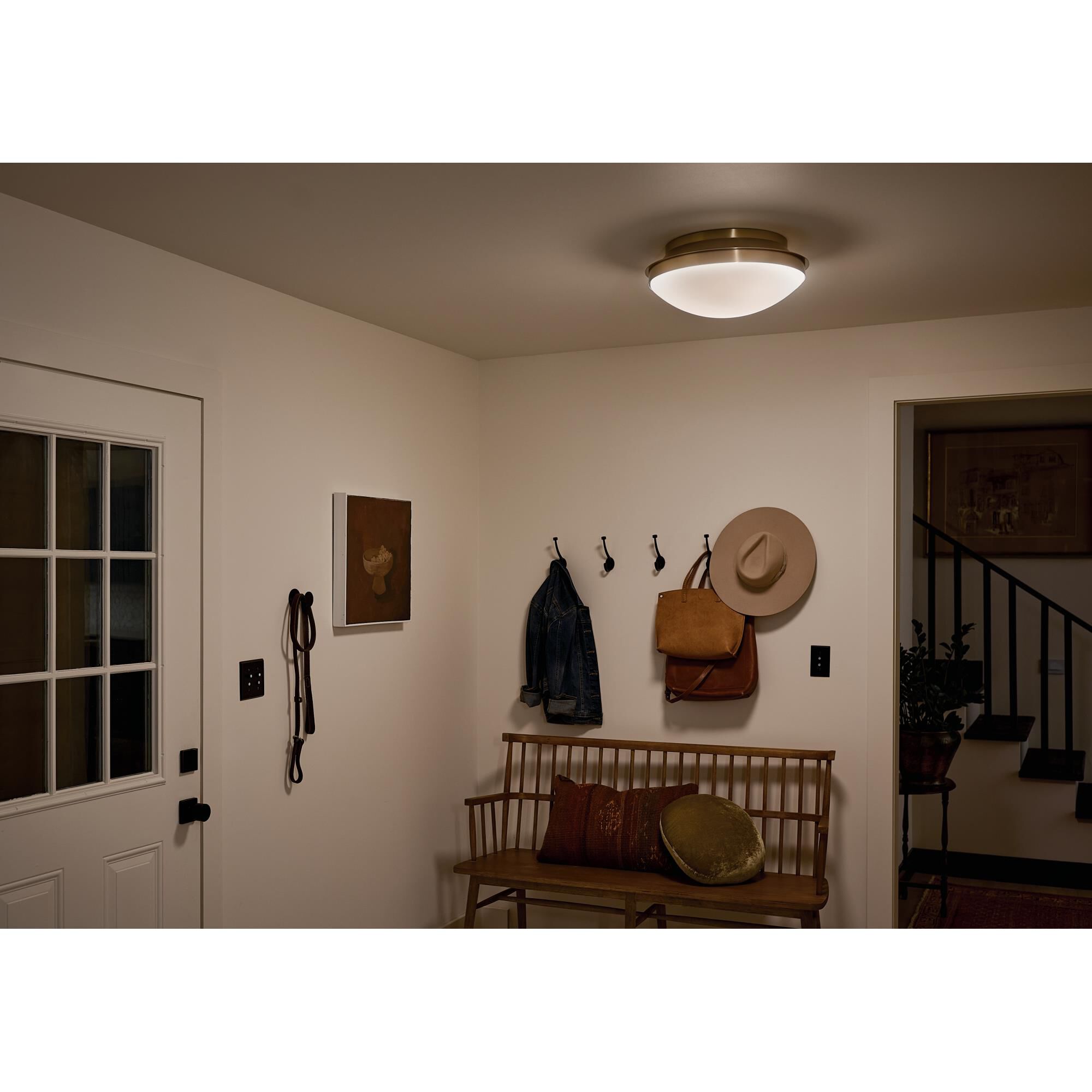 Shown in Brushed Natural Brass finish and Satin Etched Cased Opal glass