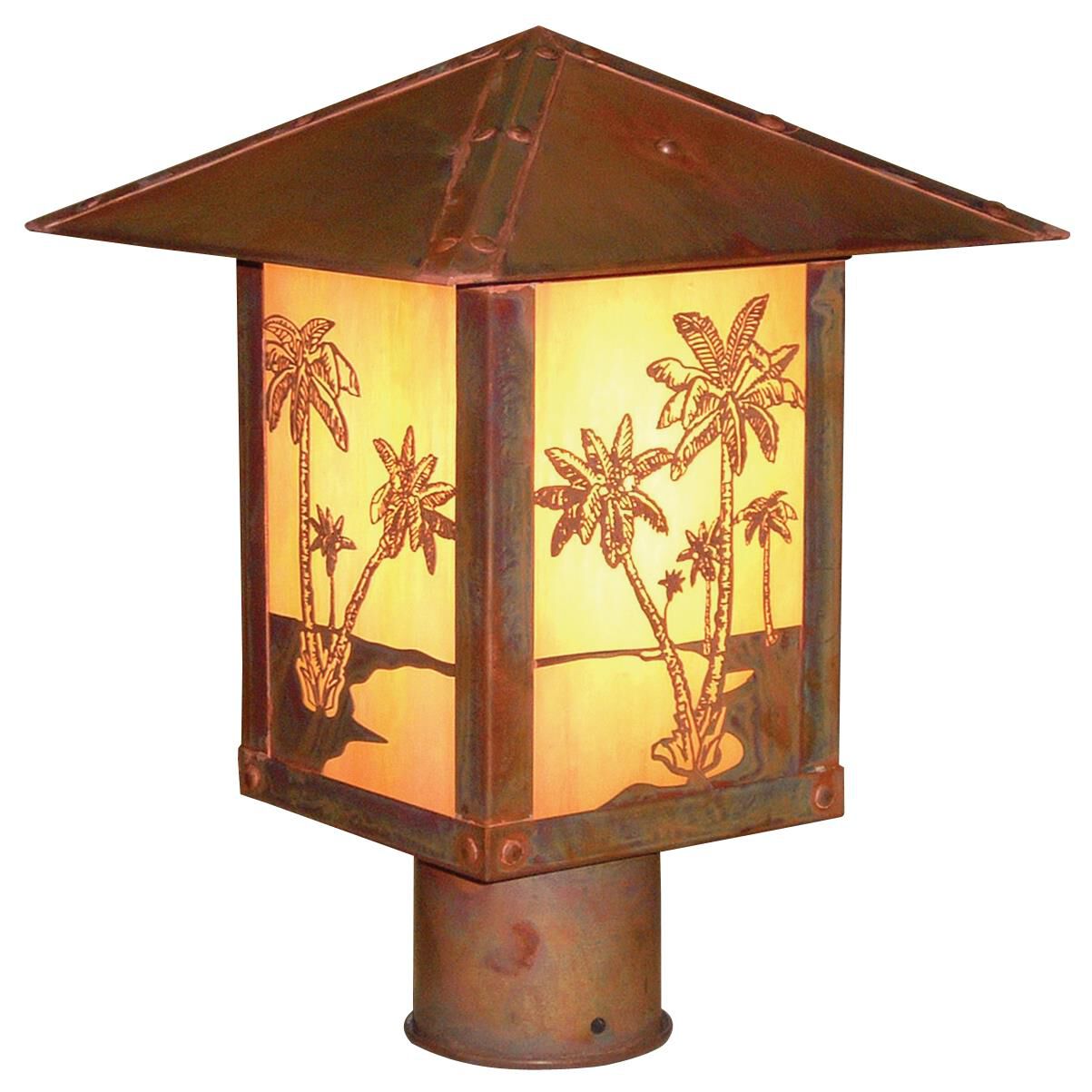 Shown in Raw Copper finish and Gold White Iridescent glass and Palm Tree accent