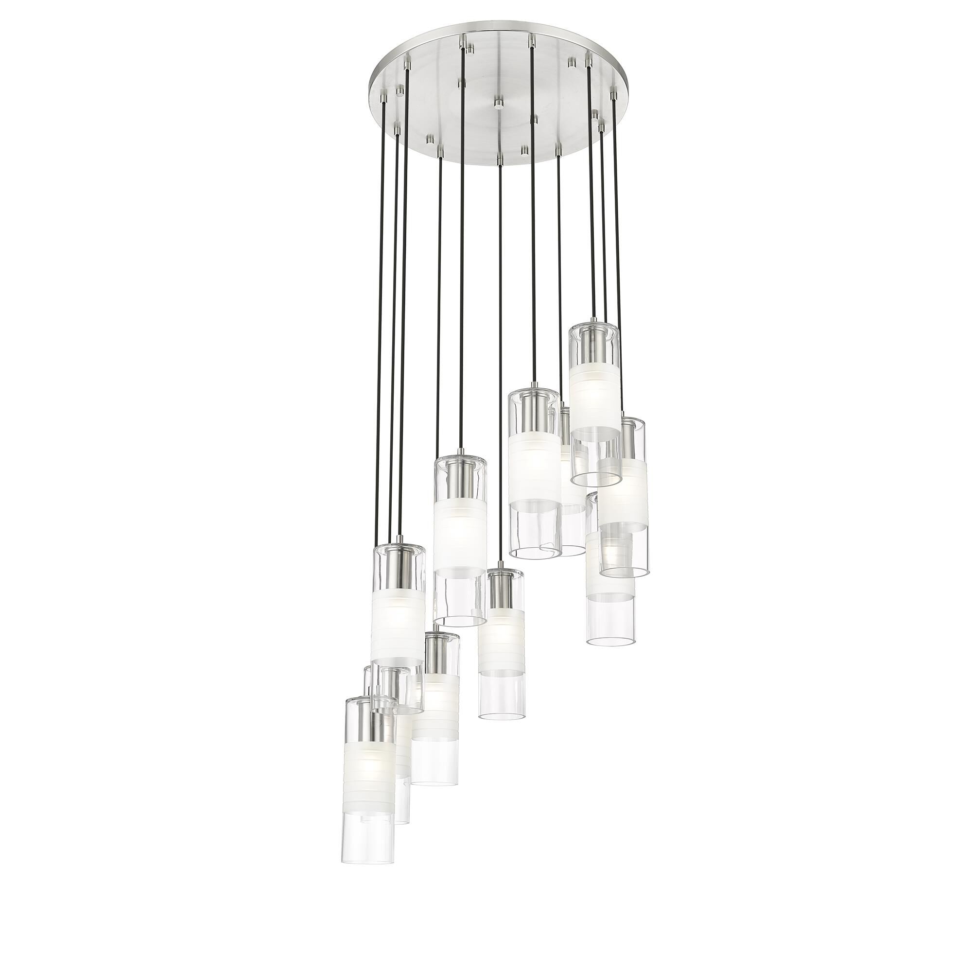 Shown in Brushed Nickel finish and Clear+frosted glass and Clear+frosted shade