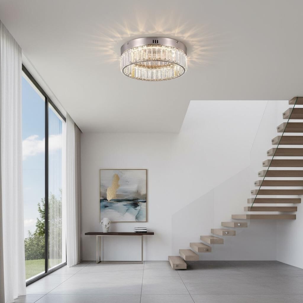 Shown in Satin Nickel finish and Clear Crystal glass