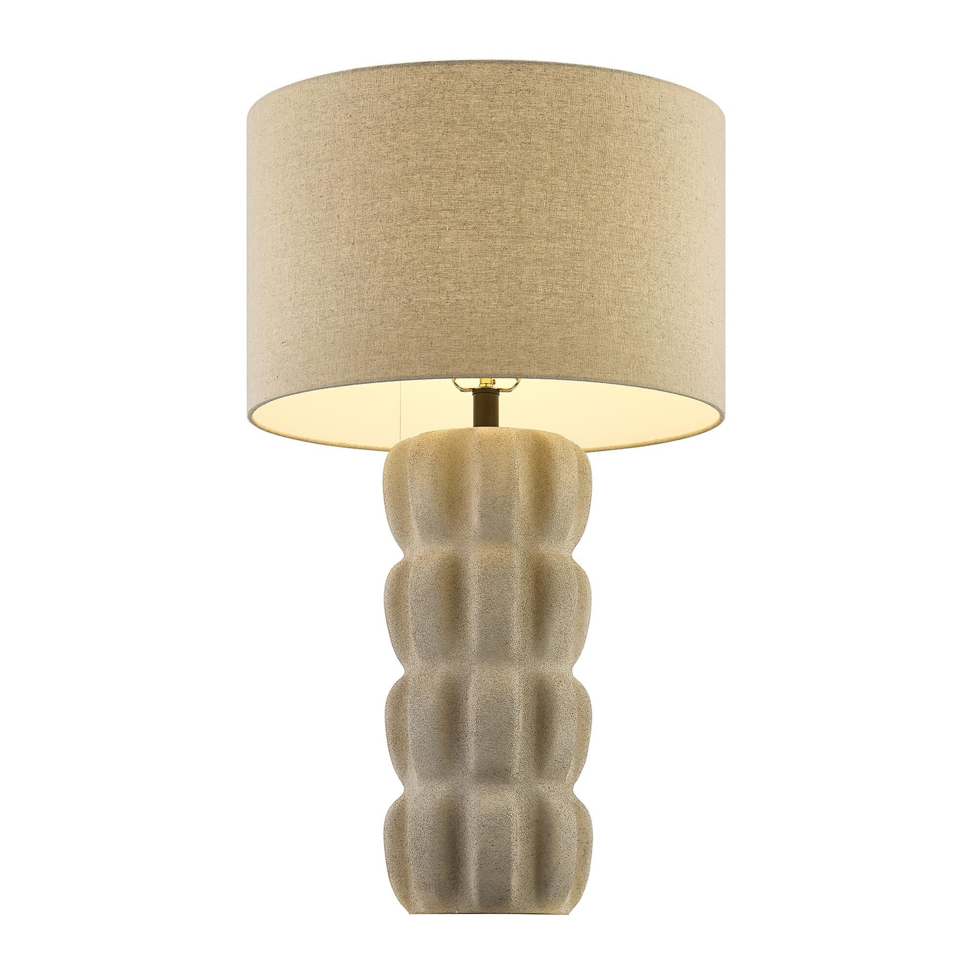 Shown in Mediterranean Bronze finish and Beige Fabric shade